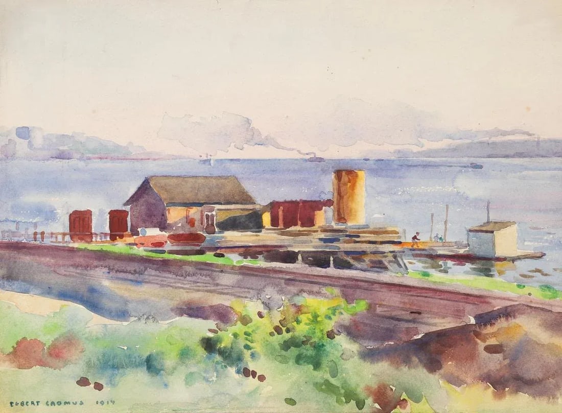 Antique 1914 Egbert Cadmus Boathouses Along Hudson River Watercolor Painting - 9