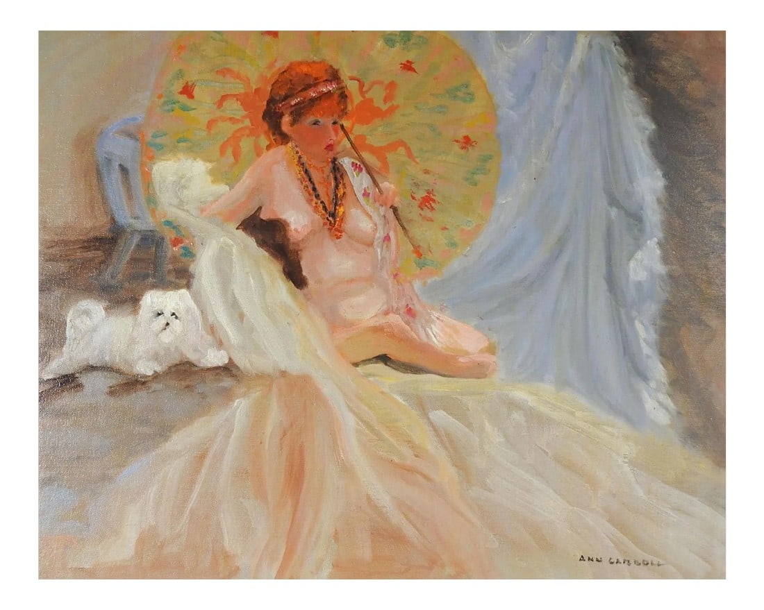 Impressionist Bohemian Dog, Nude & Parasol Painting: Vintage oil on canvas board of red headed Bohemian nude woman with Japanese parasol and her little Maltese dog. Signed Ann Carroll lower right corner. Unframed, edge wear. Condition: Alterations: