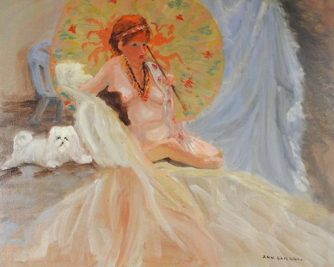 Impressionist Bohemian Dog, Nude & Parasol Painting - 5