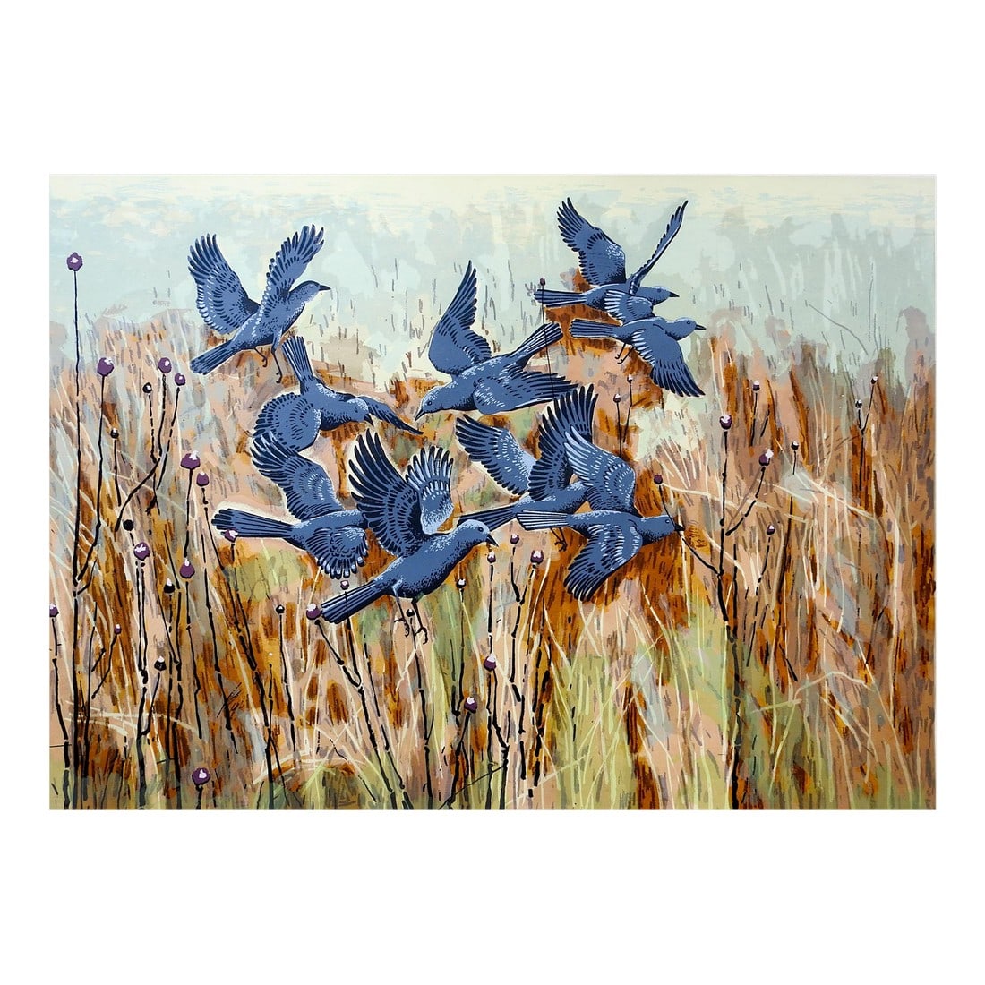 Mid 20th Century Guy MacCoy Black Birds Serigraph Print: Large mid 20th century serigraph on paper circa 1960's by Guy Crittington Maccoy (b. 1904-1981) American. Signed, titled Black Birds in pencil along lower margin. Known as The Father of The