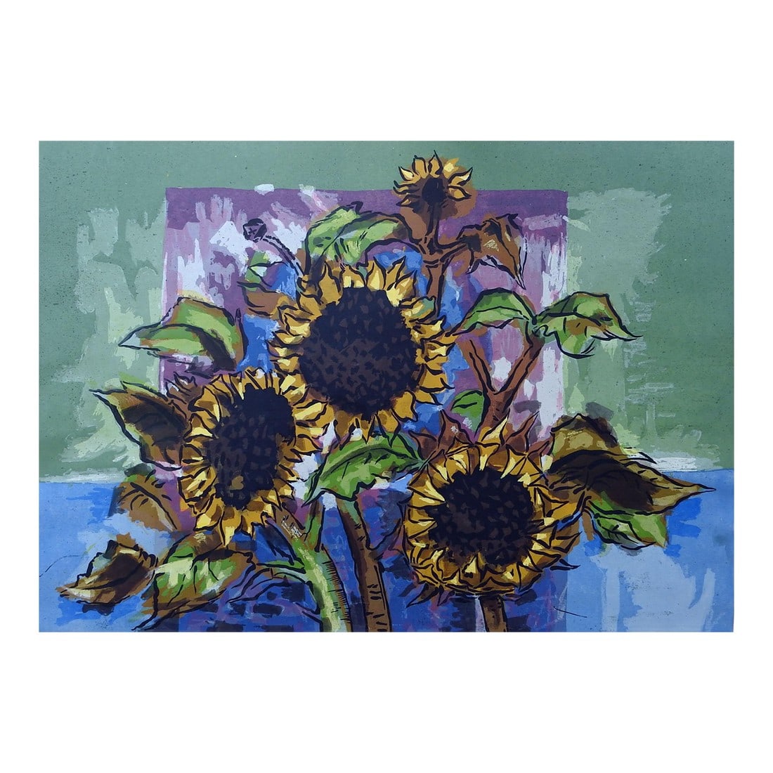 Mid 20th Century Modernist Sunflowers Serigraph Print by Guy MacCoy: Mid 20th century large serigraph on paper of Sunflowers by Guy Crittington Maccoy (b. 1904-1981) American. Signed, titled November Sunflowers in pencil along lower margin. Known as The Father of The