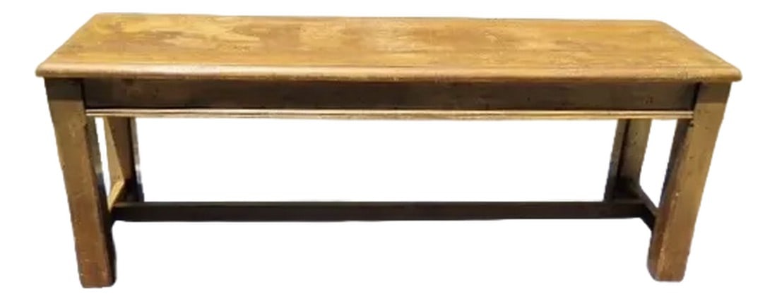 1980s Wooden Low Console Table/Bench/Children's Table: This charming rustic bench features a beautifully aged solid pine plank top. Supported by square legs and a sturdy stretcher base, the piece can function effortlessly as a long bench, a low console,