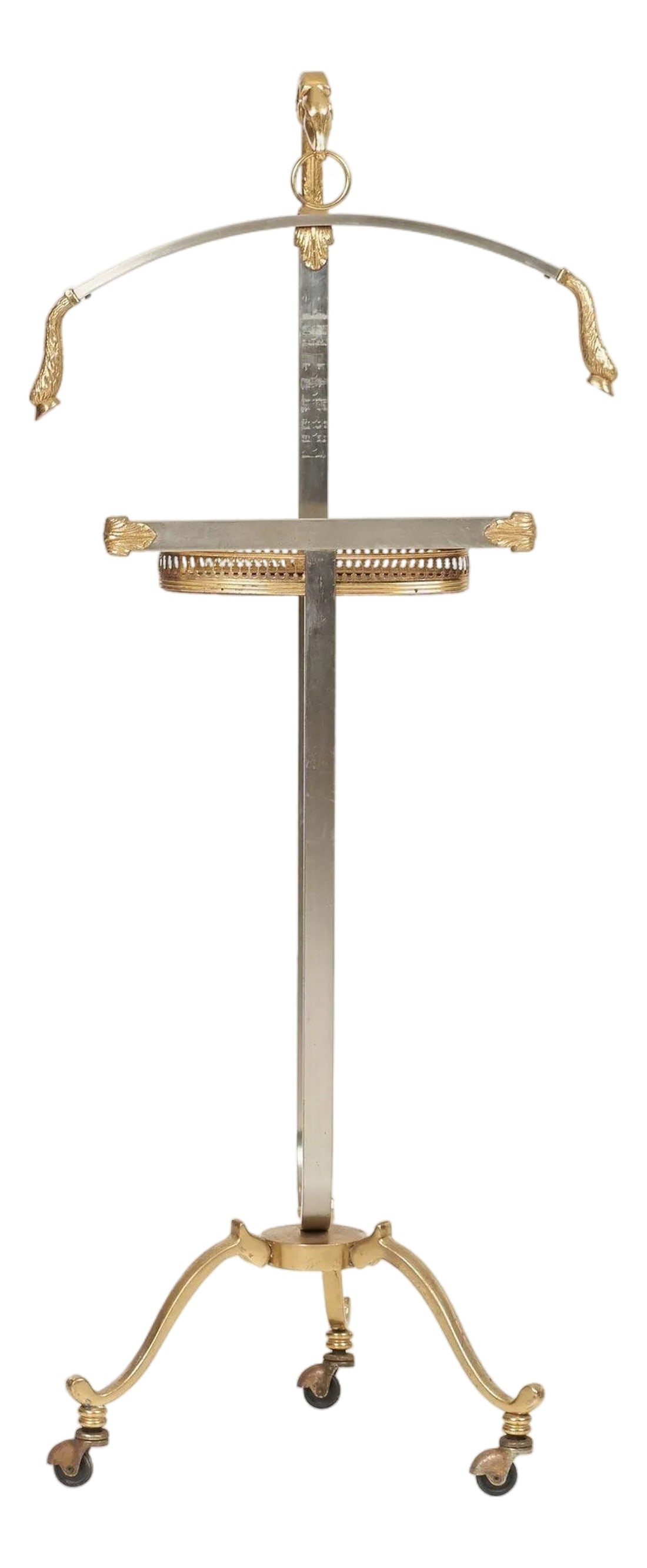 Maison Jansen Style Valet Italy 1960: Maison Jansen Style Ram's Head Valet Stand, Italy, circa 1960 Italian-made valet in the style of Maison Jansen (French, founded 1880). Features a sculptural ram's head finial, curved jacket bar with