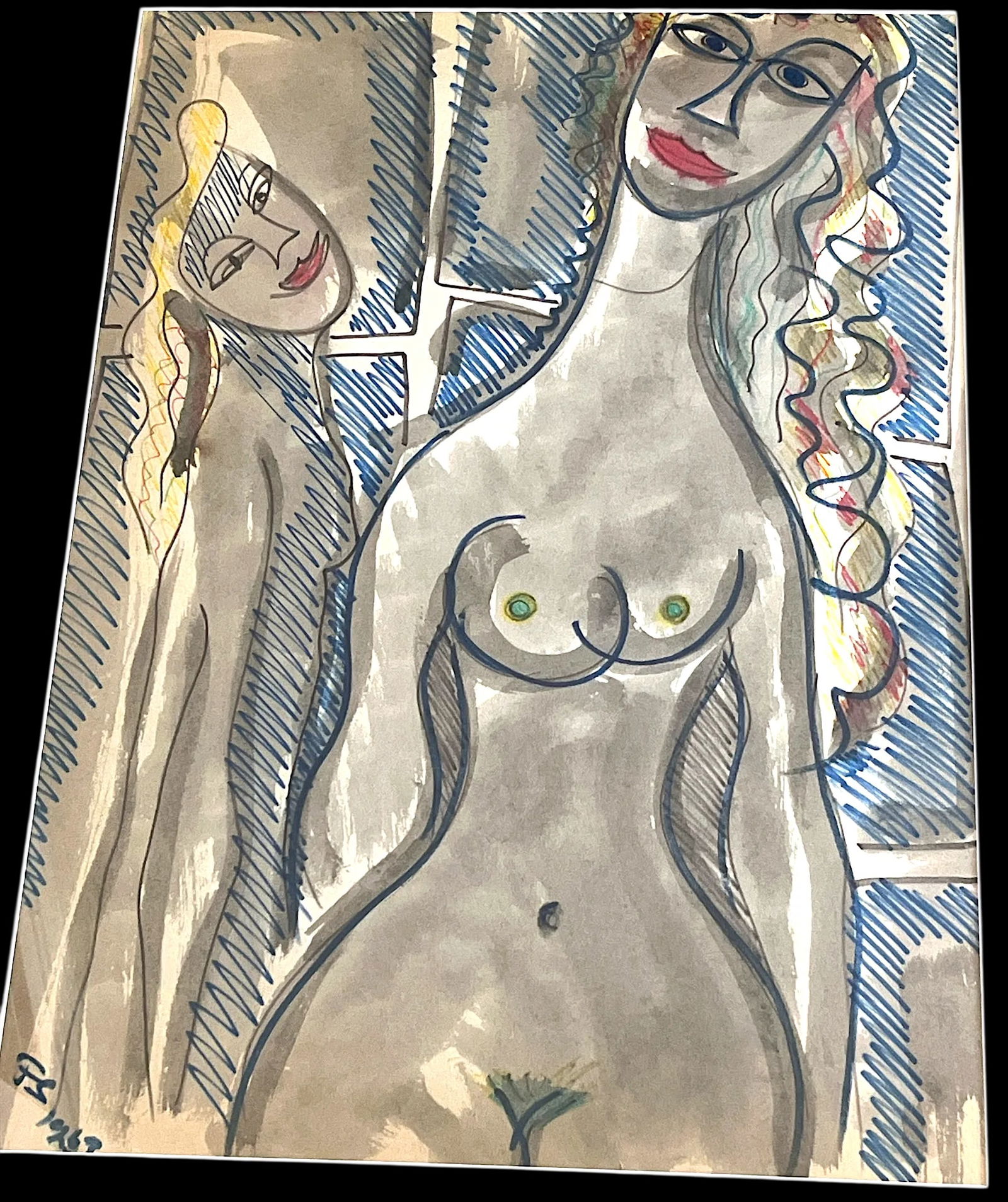 Framed MidCentury 1950s Figurative Abstract Cubist Double Female Nude Watercolor by Fred Schwartz - 2