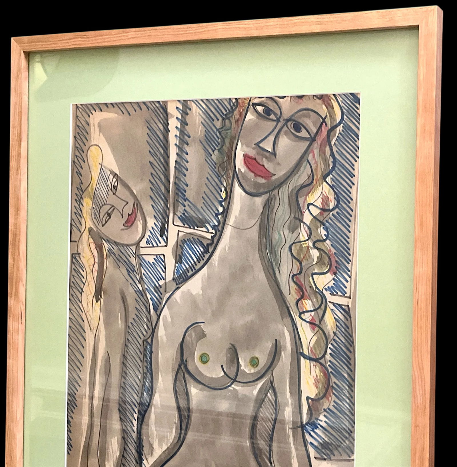 Framed MidCentury 1950s Figurative Abstract Cubist Double Female Nude Watercolor by Fred Schwartz - 3
