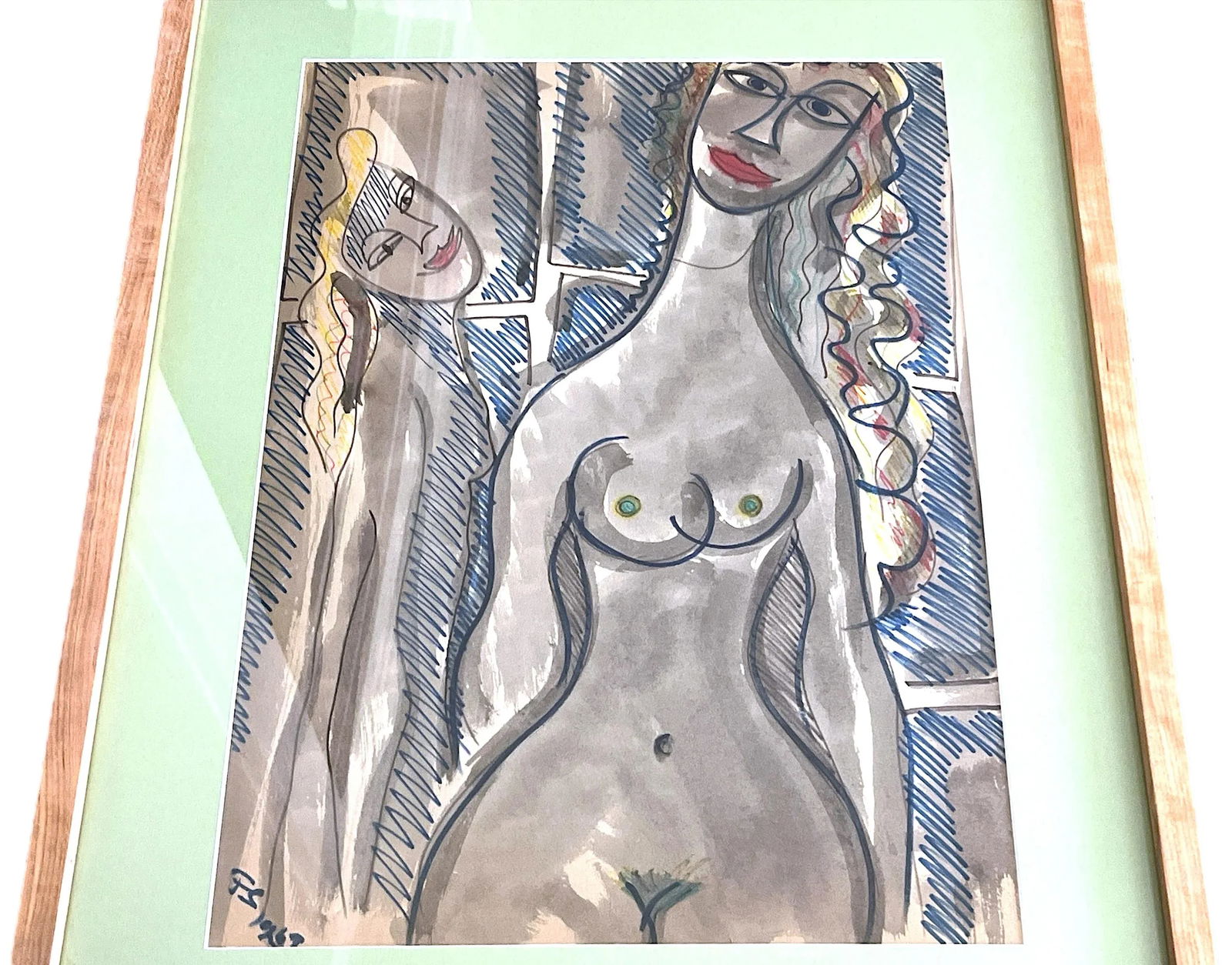 Framed MidCentury 1950s Figurative Abstract Cubist Double Female Nude Watercolor by Fred Schwartz - 4