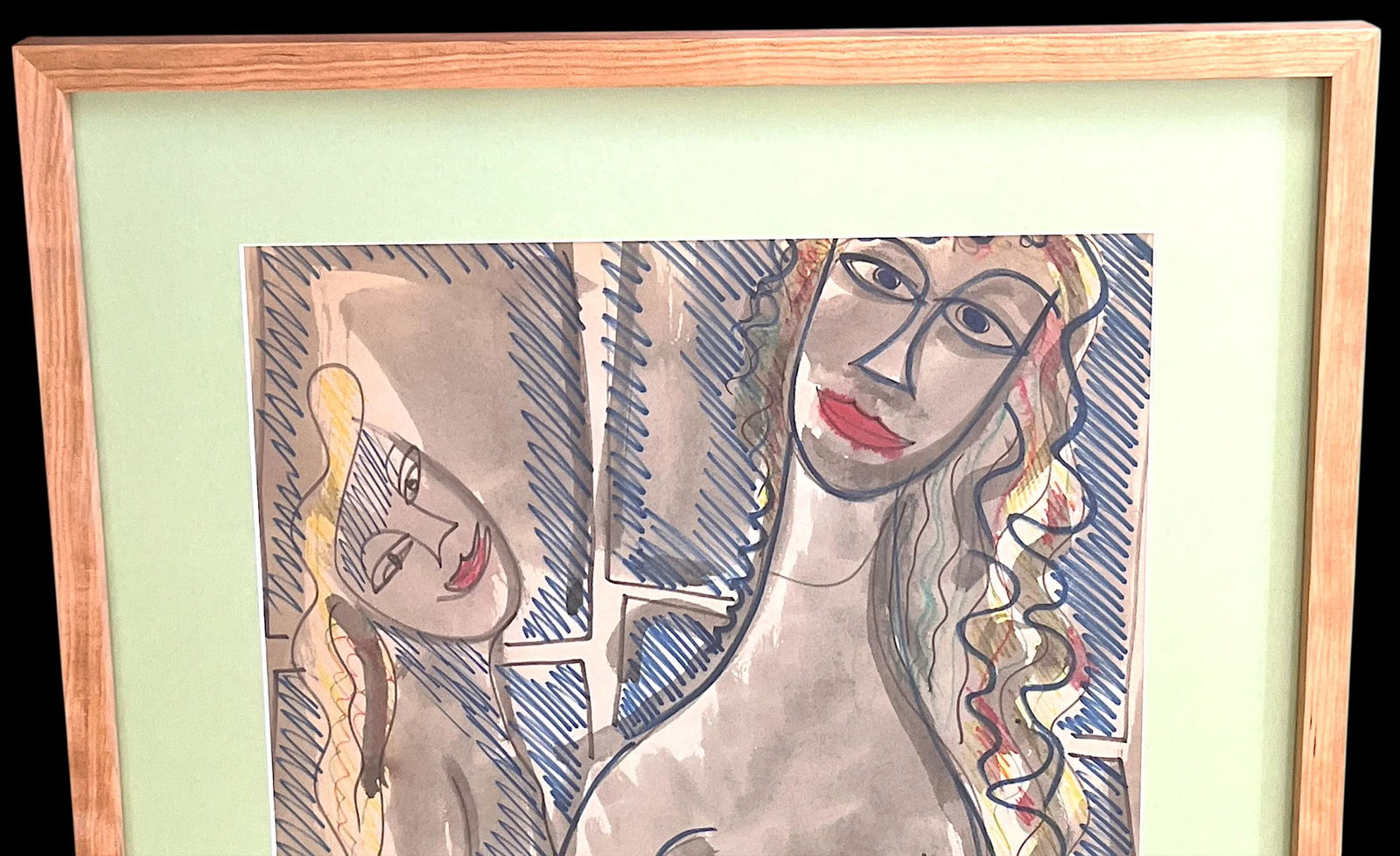Framed MidCentury 1950s Figurative Abstract Cubist Double Female Nude Watercolor by Fred Schwartz - 5