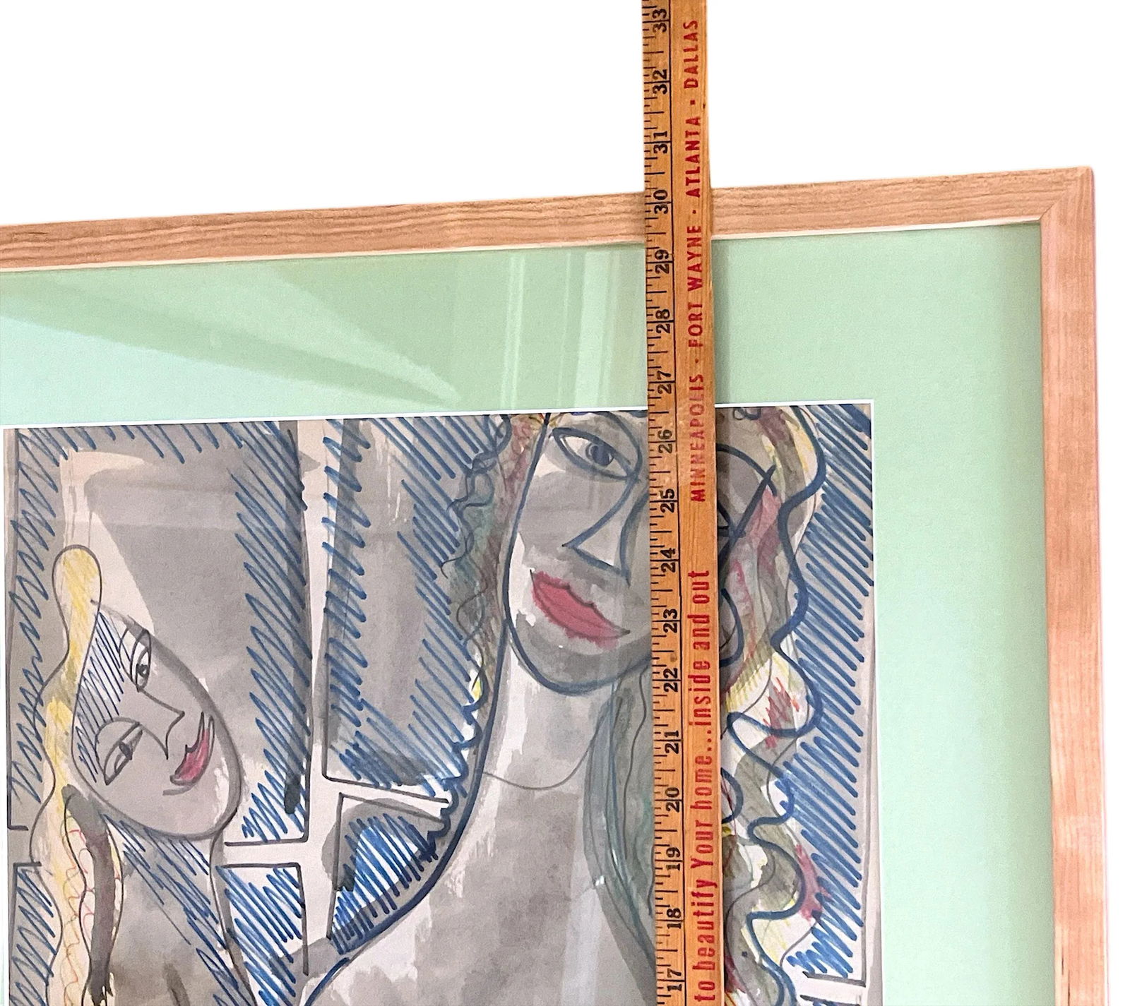 Framed MidCentury 1950s Figurative Abstract Cubist Double Female Nude Watercolor by Fred Schwartz - 8