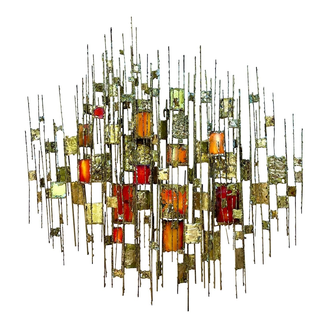 1970s Abstract Metal Wall Sculpture by Donald Buby of Carmel California: Multi colored enamel abstract wall sculpture in brass by California artist Donald Buby. Constructed of various sizes of brass rods and enamel coated brass elements welded throughout the sculpture