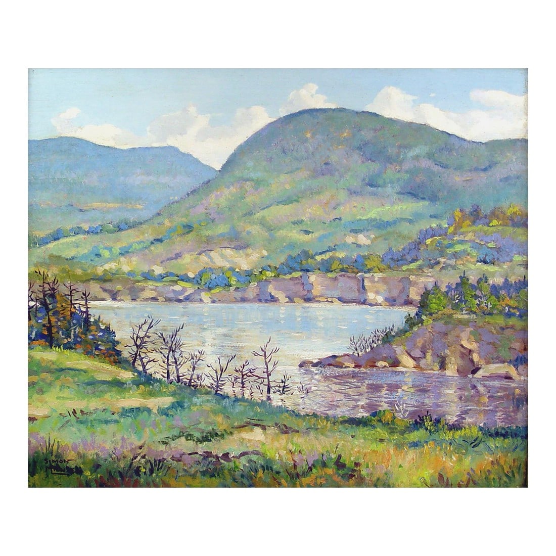 Mid 20th Century Impressionist Lakeside Landscape Painting: Mid 20th century impressionist landscape oil on masonite by Simon Michael (1905-2002), a noted Rockport, Texas artist, teacher and philosopher. Signed lower left corner. Unframed, edge wear. 