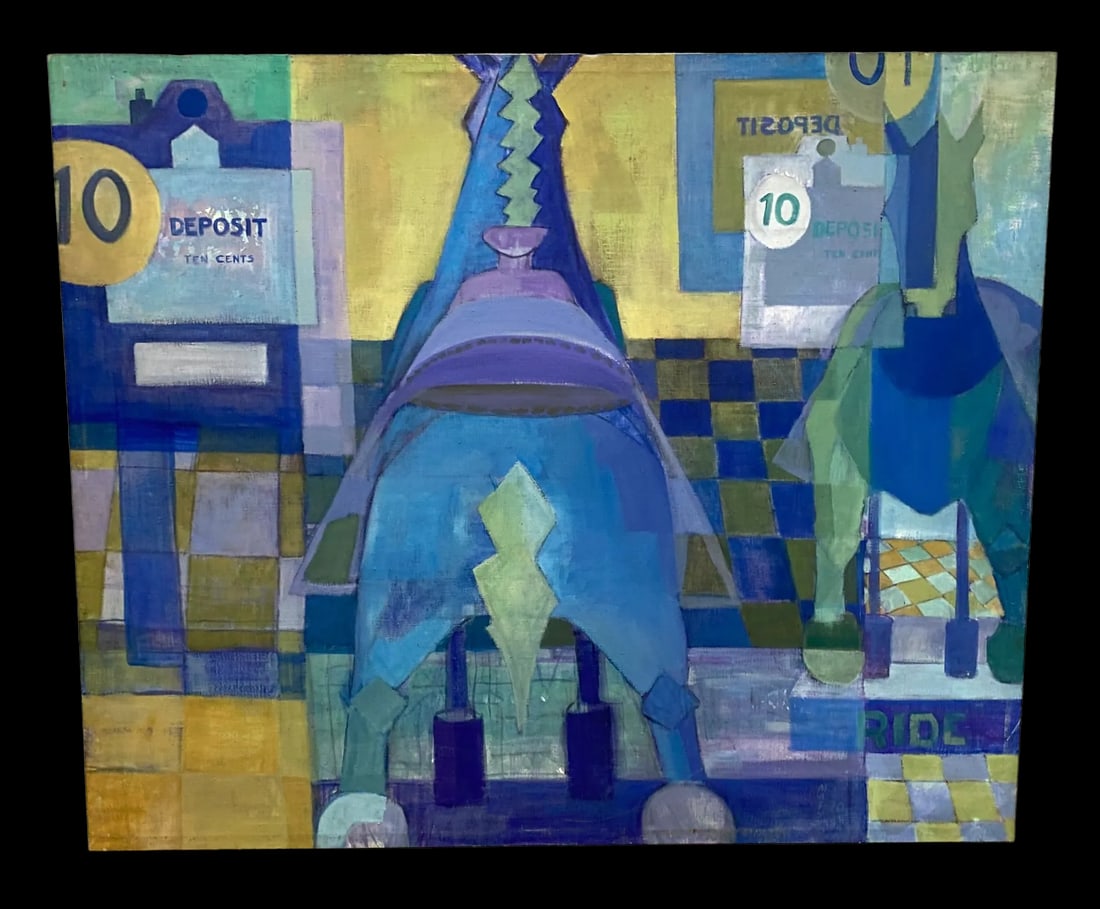 Large 1970s Bauhaus Cubist Surrealist Abstract Painting of Horses in Blues and Yellows Signed - 11