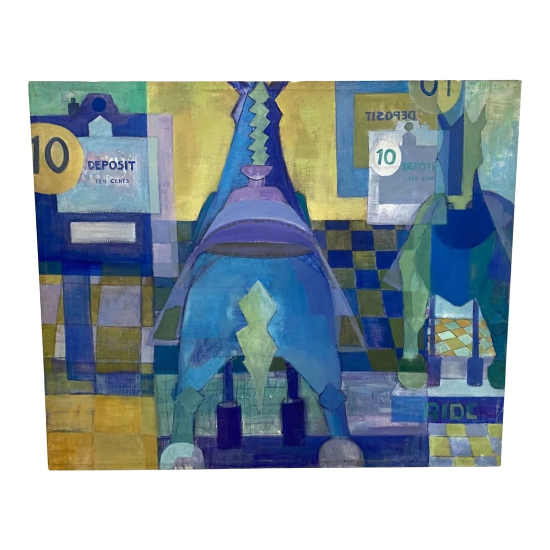 Large 1970s Bauhaus Cubist Surrealist Abstract Painting of Horses in Blues and Yellows Signed: Large, approx. 3'x4', signed painting of horses, potentially arcade rides, in blues, yellows and greens with checkerboard, numbers and words on a thick canvas. Signed Matsuda 1970. Abstracted shapes