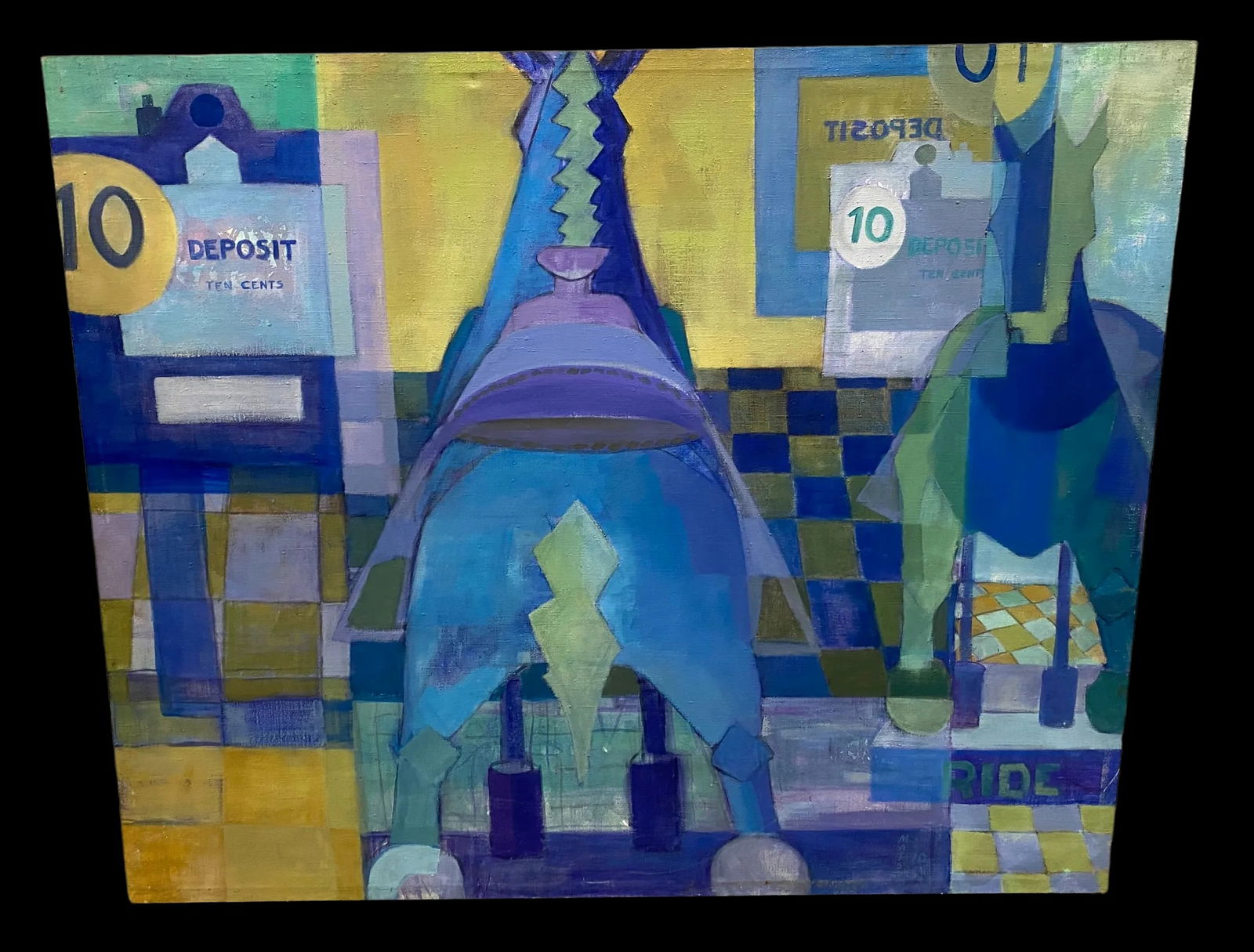 Large 1970s Bauhaus Cubist Surrealist Abstract Painting of Horses in Blues and Yellows Signed - 2