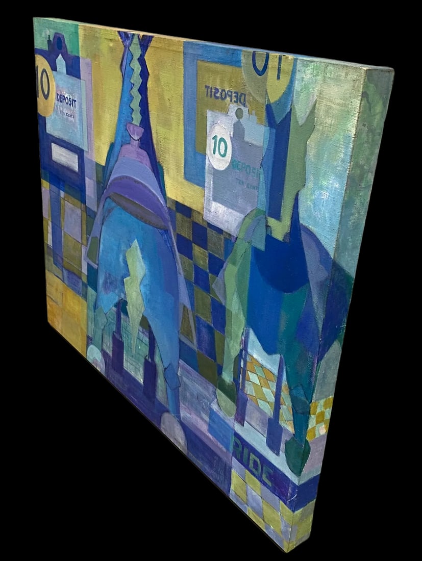 Large 1970s Bauhaus Cubist Surrealist Abstract Painting of Horses in Blues and Yellows Signed - 4