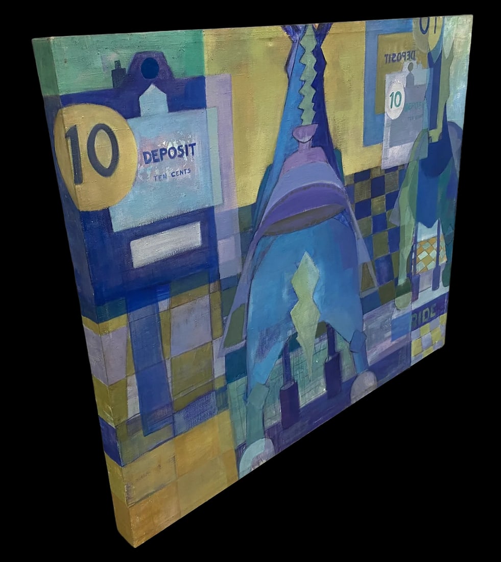 Large 1970s Bauhaus Cubist Surrealist Abstract Painting of Horses in Blues and Yellows Signed - 5