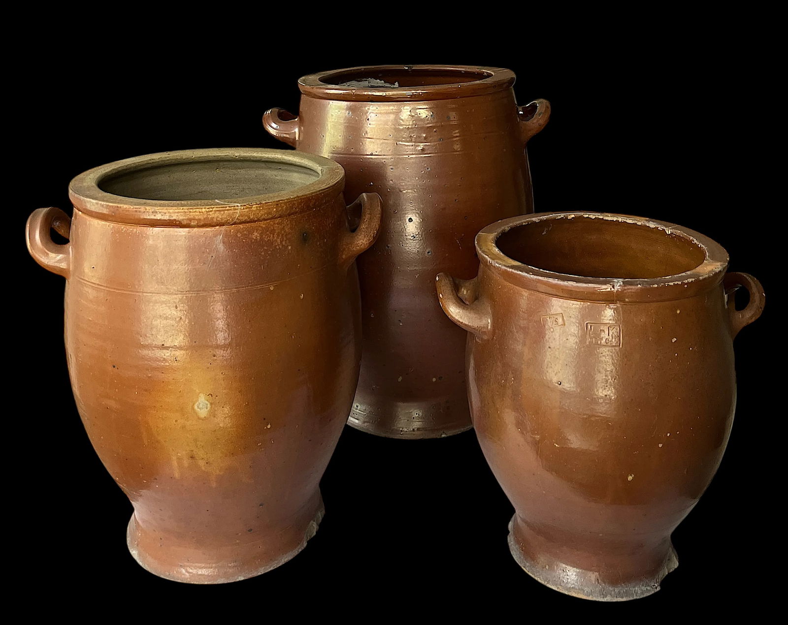 Antique 19th Century Handmade French Brown Slip Salt Glazed Terracotta Confit Pots – Set of 3 - 2