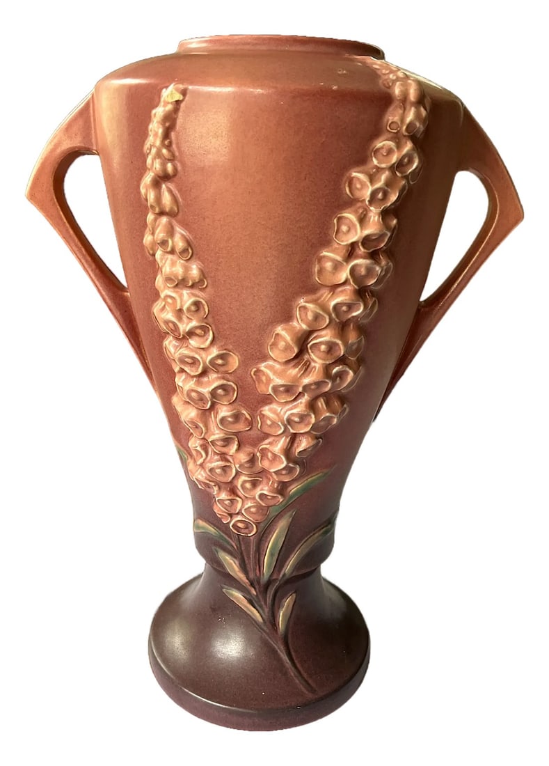 Roseville Pottery Pink Foxglove Floor Vase, Shape 55-16" Â‚Ã„Ã¬: A stunning example of American Art Pottery, this Roseville Foxglove floor vase (shape number 55-16") showcases the elegant craftsmanship and romantic floral motifs that define the brand's celebrated