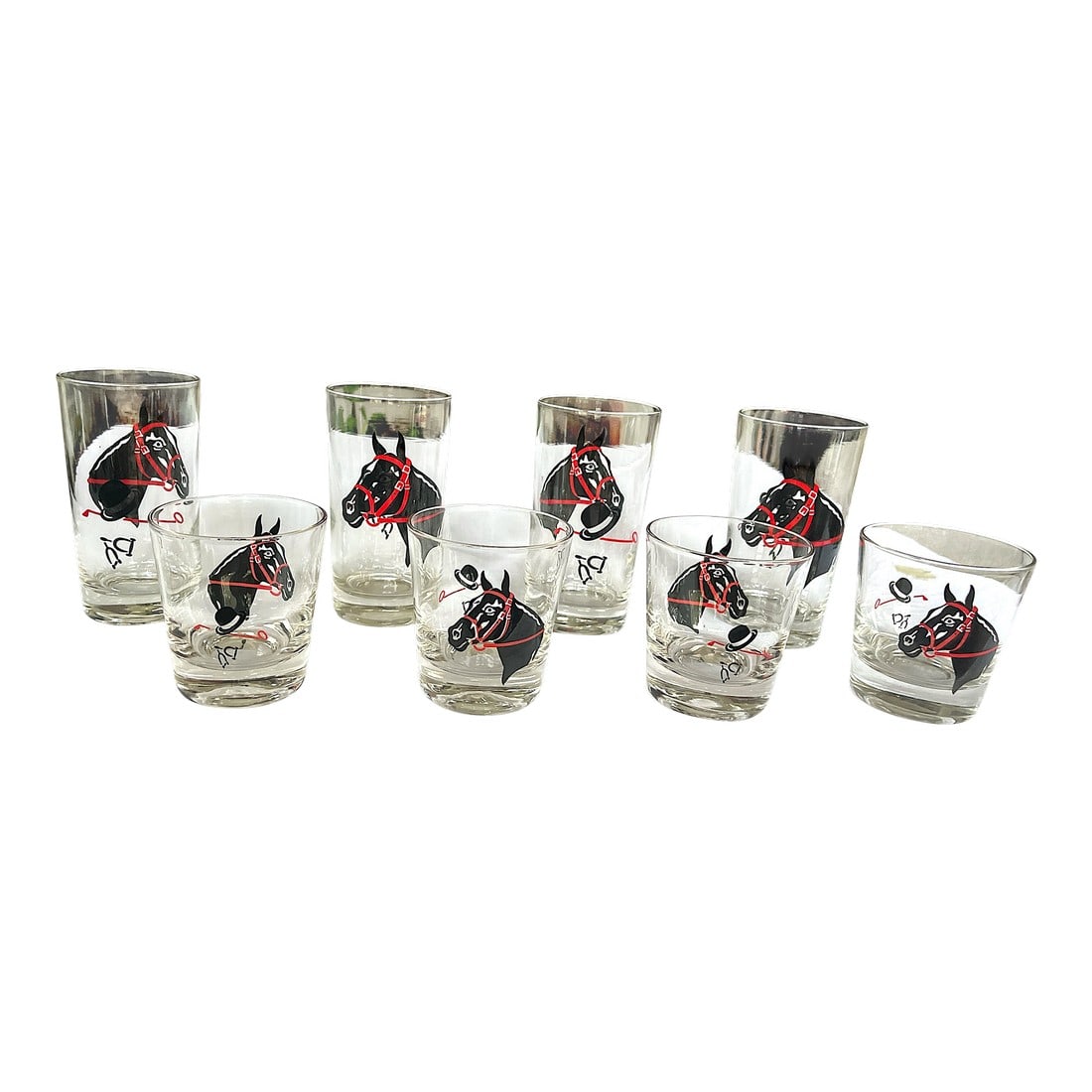Vintage Libbey Black Horse Red Tack Racing Derby Highball and Rocks Drinking Glasses- 8 Pieces: Striking set of 8 vintage Libbey drinking glasses featuring bold black horse heads with bright red bridles, top hats, canes, and racing details"”a charming nod to derby day flair and equestrian