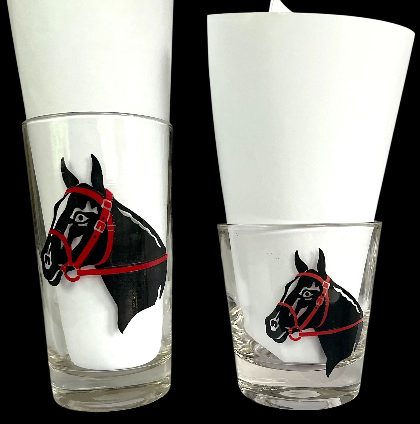 Vintage Libbey Black Horse Red Tack Racing Derby Highball and Rocks Drinking Glasses- 8 Pieces - 2
