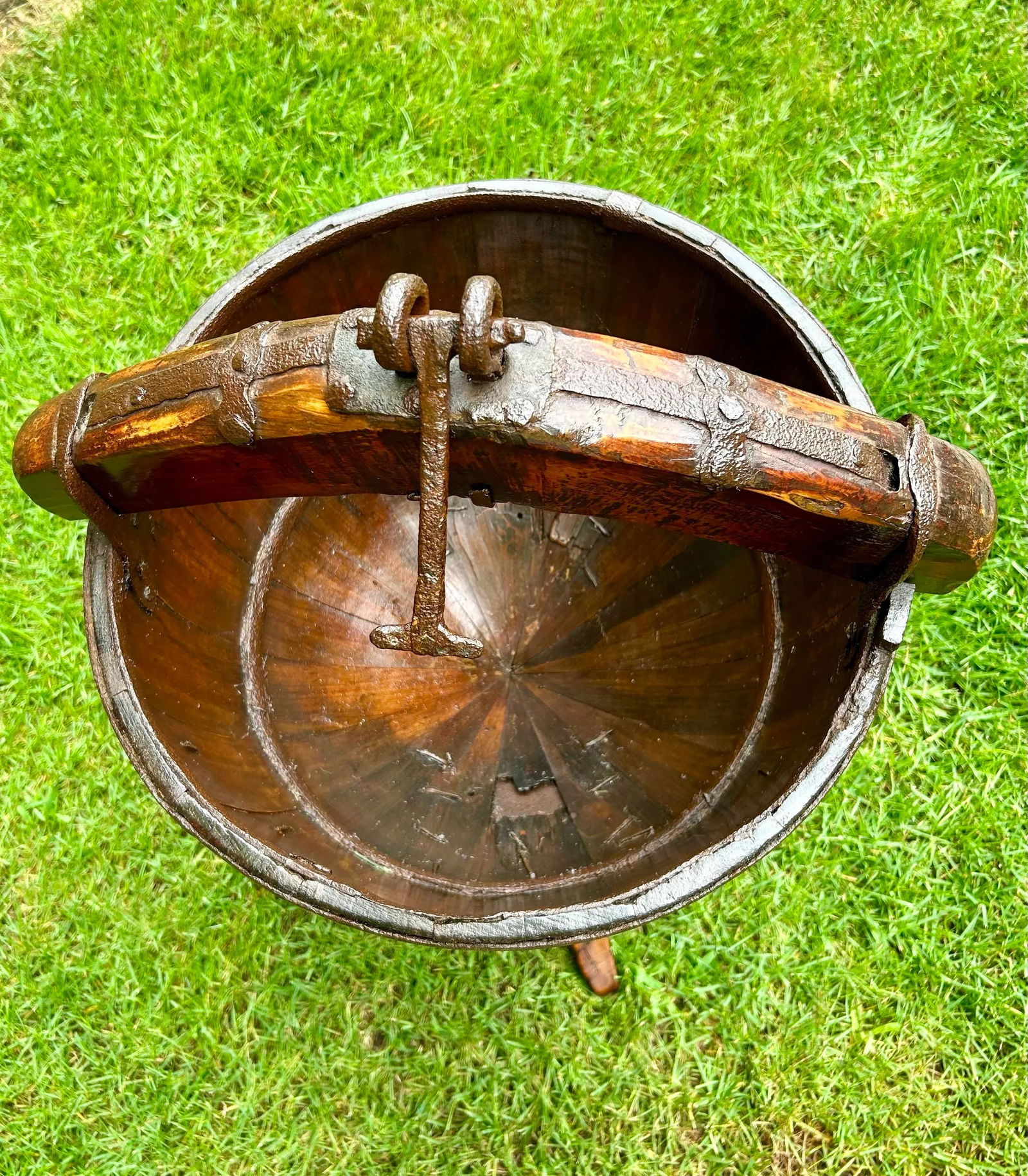 Circa 1800s Antique Chinese Water/Well Bucket With Stand, Hand-Hewn Fruitwood and Original Iron Hard - 10