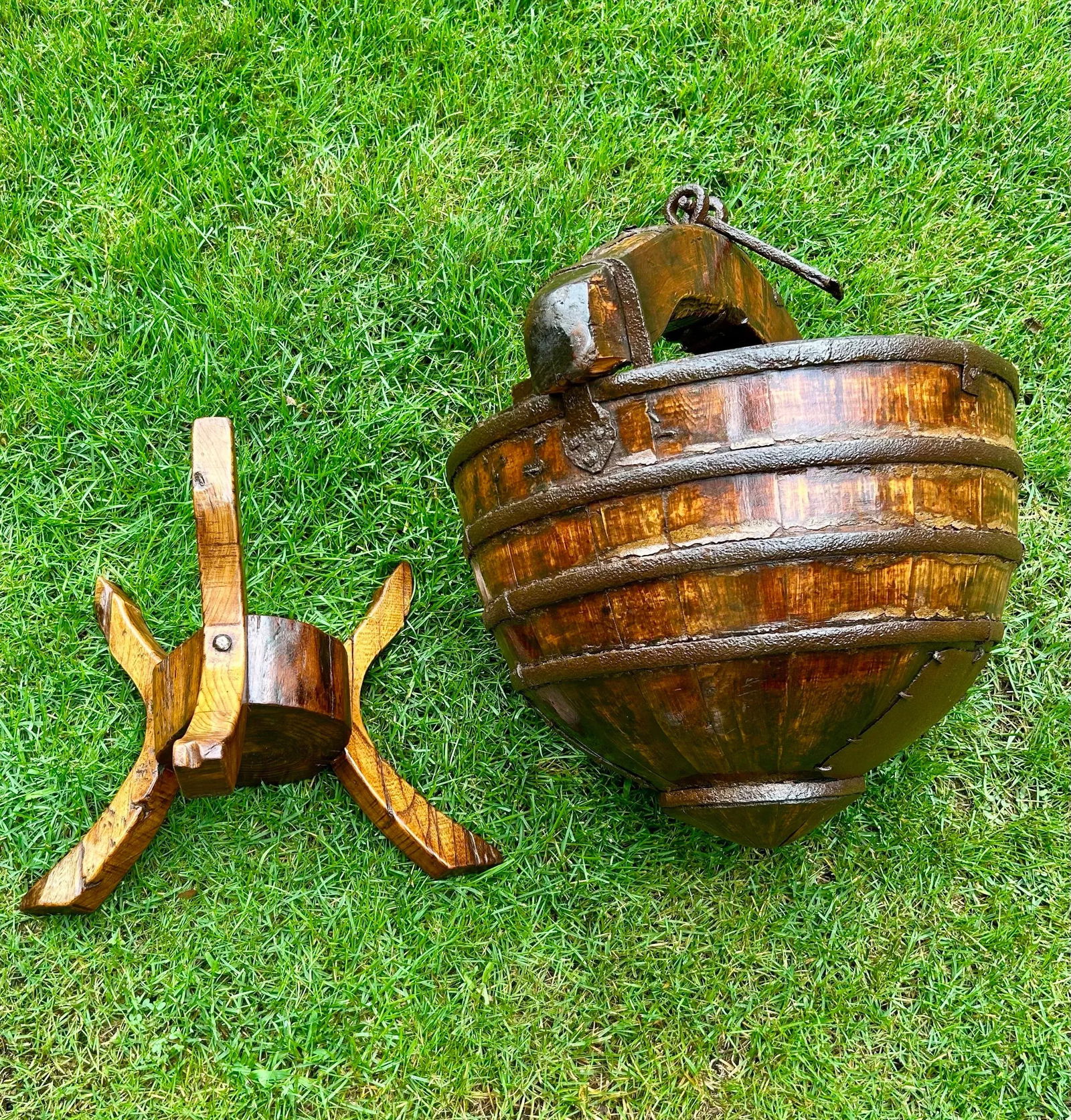 Circa 1800s Antique Chinese Water/Well Bucket With Stand, Hand-Hewn Fruitwood and Original Iron Hard - 11