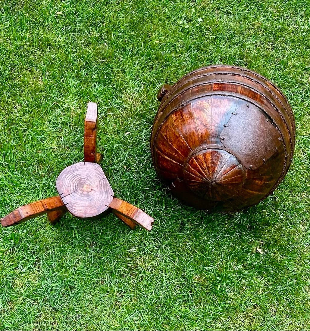 Circa 1800s Antique Chinese Water/Well Bucket With Stand, Hand-Hewn Fruitwood and Original Iron Hard - 12
