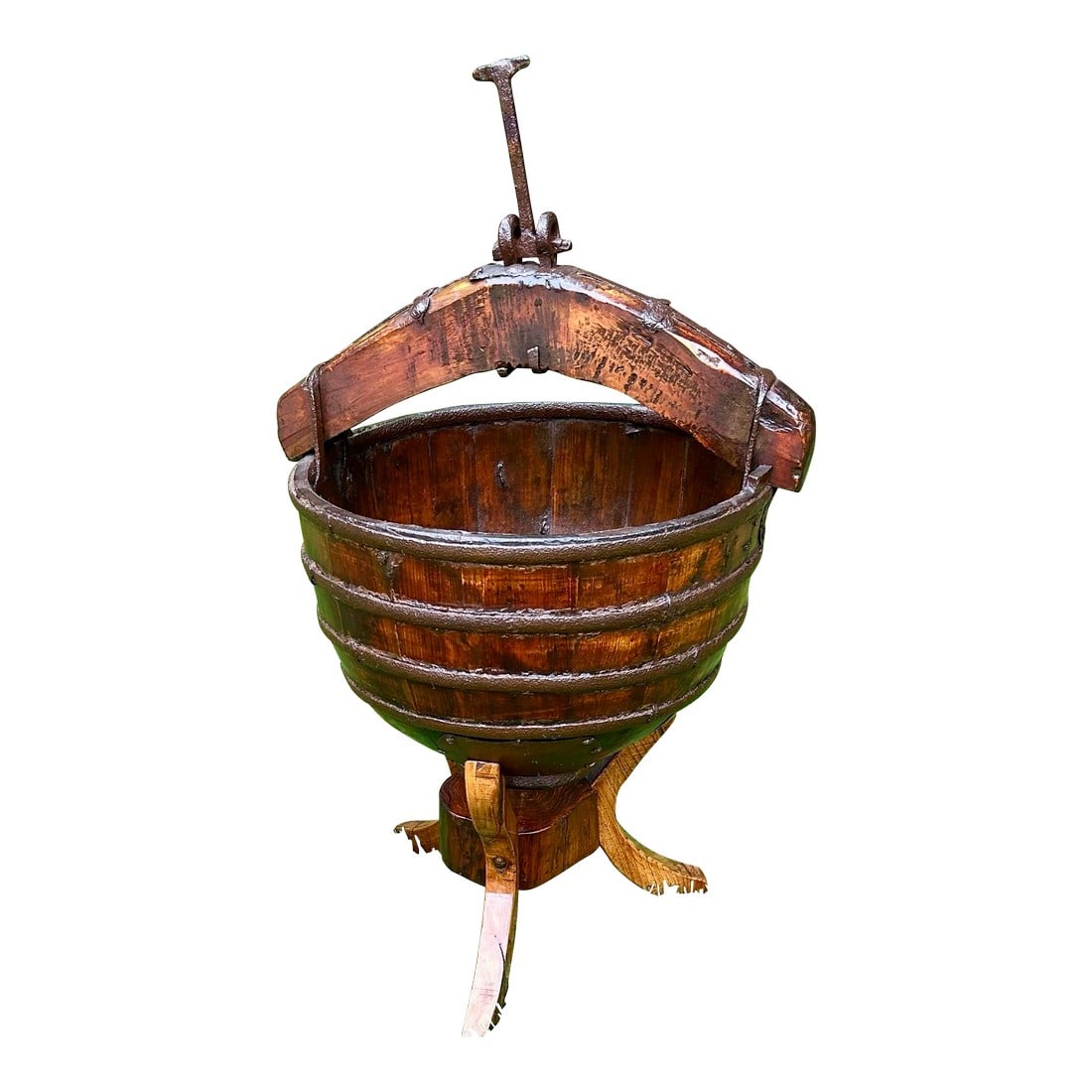 Circa 1800s Antique Chinese Water/Well Bucket With Stand, Hand-Hewn Fruitwood and Original Iron Hard (1 of 12)