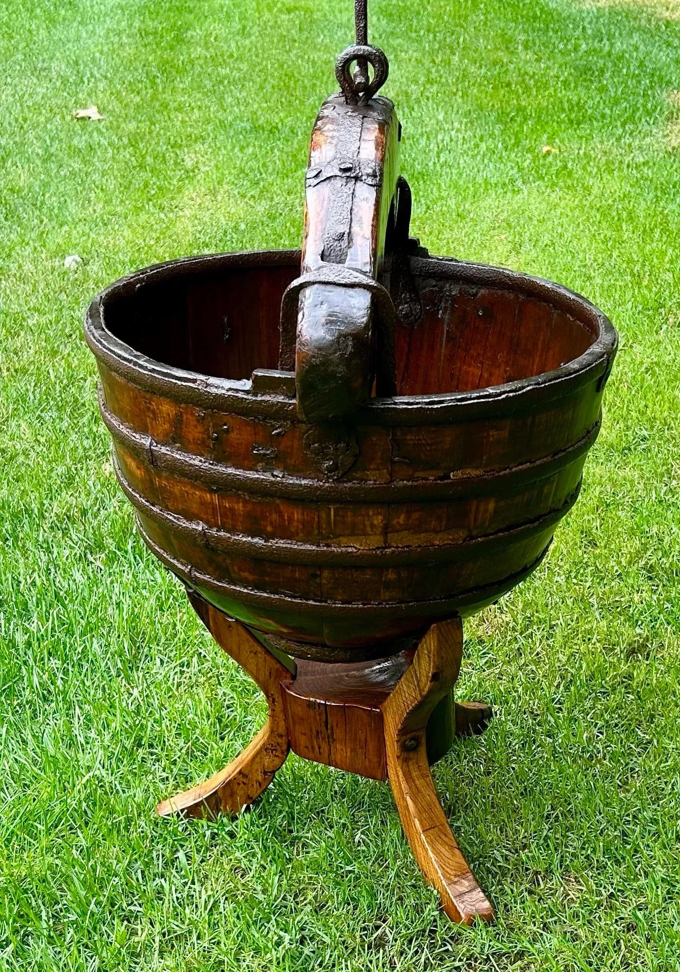 Circa 1800s Antique Chinese Water/Well Bucket With Stand, Hand-Hewn Fruitwood and Original Iron Hard - 2