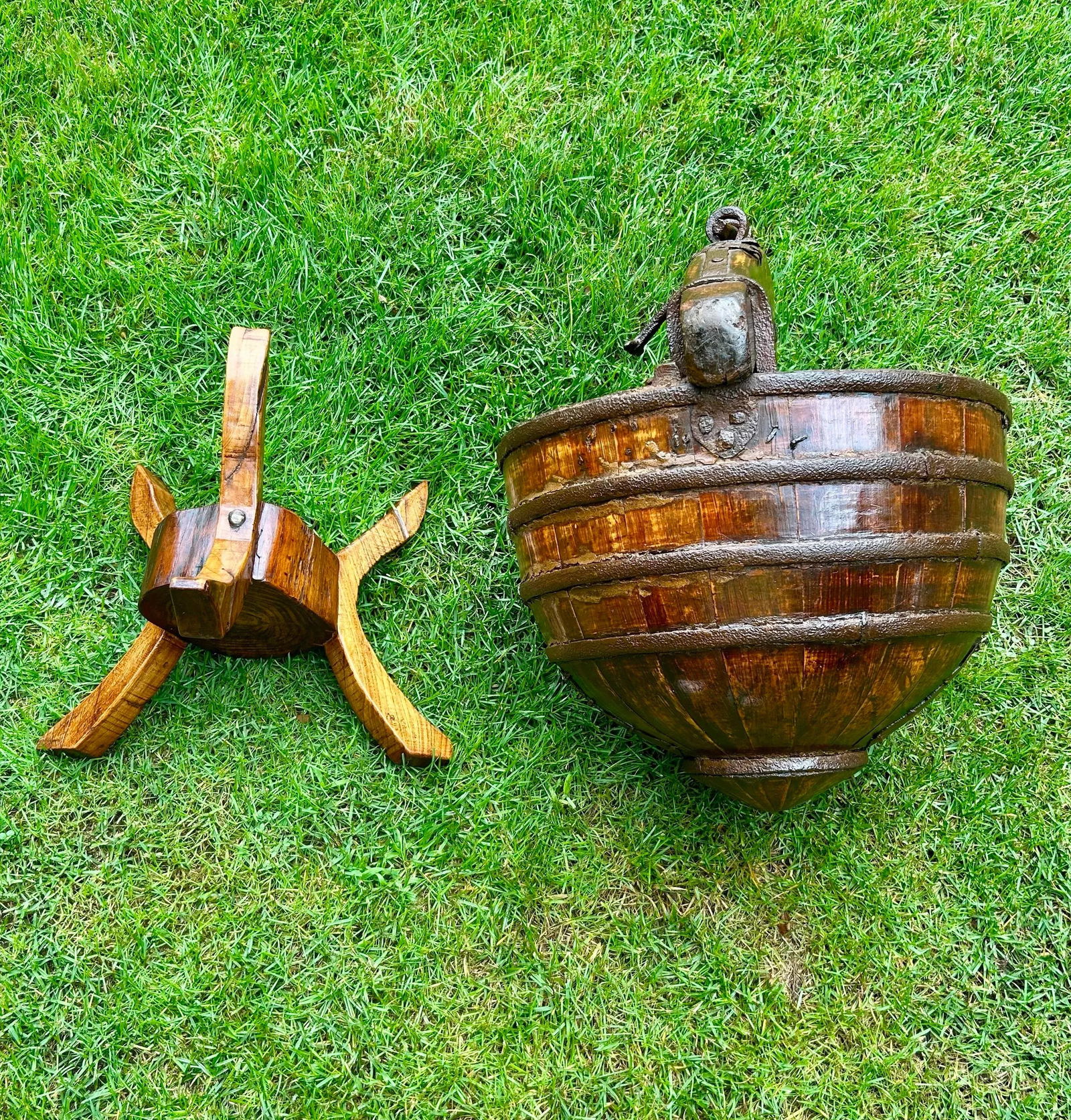 Circa 1800s Antique Chinese Water/Well Bucket With Stand, Hand-Hewn Fruitwood and Original Iron Hard - 3
