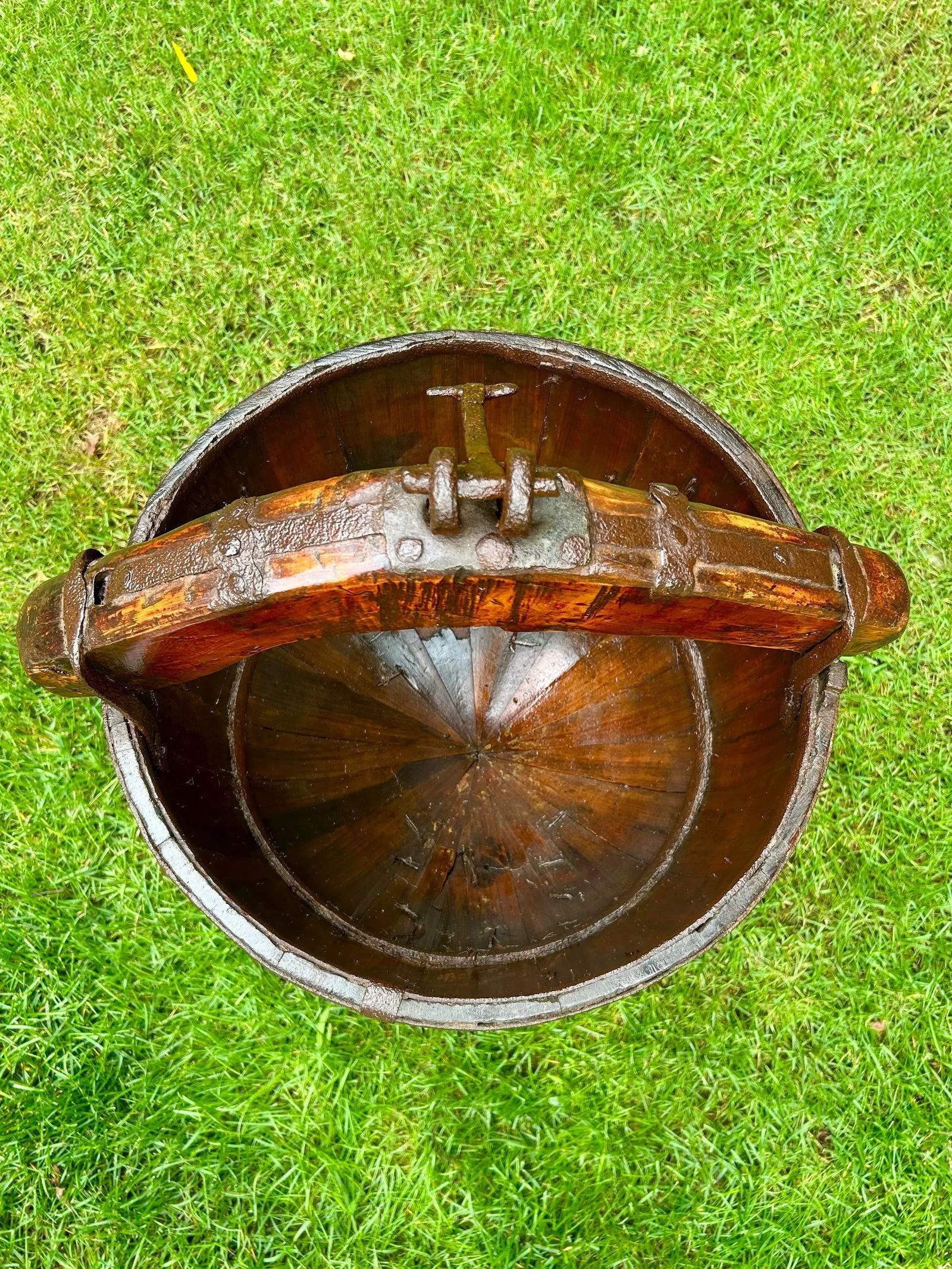 Circa 1800s Antique Chinese Water/Well Bucket With Stand, Hand-Hewn Fruitwood and Original Iron Hard - 4