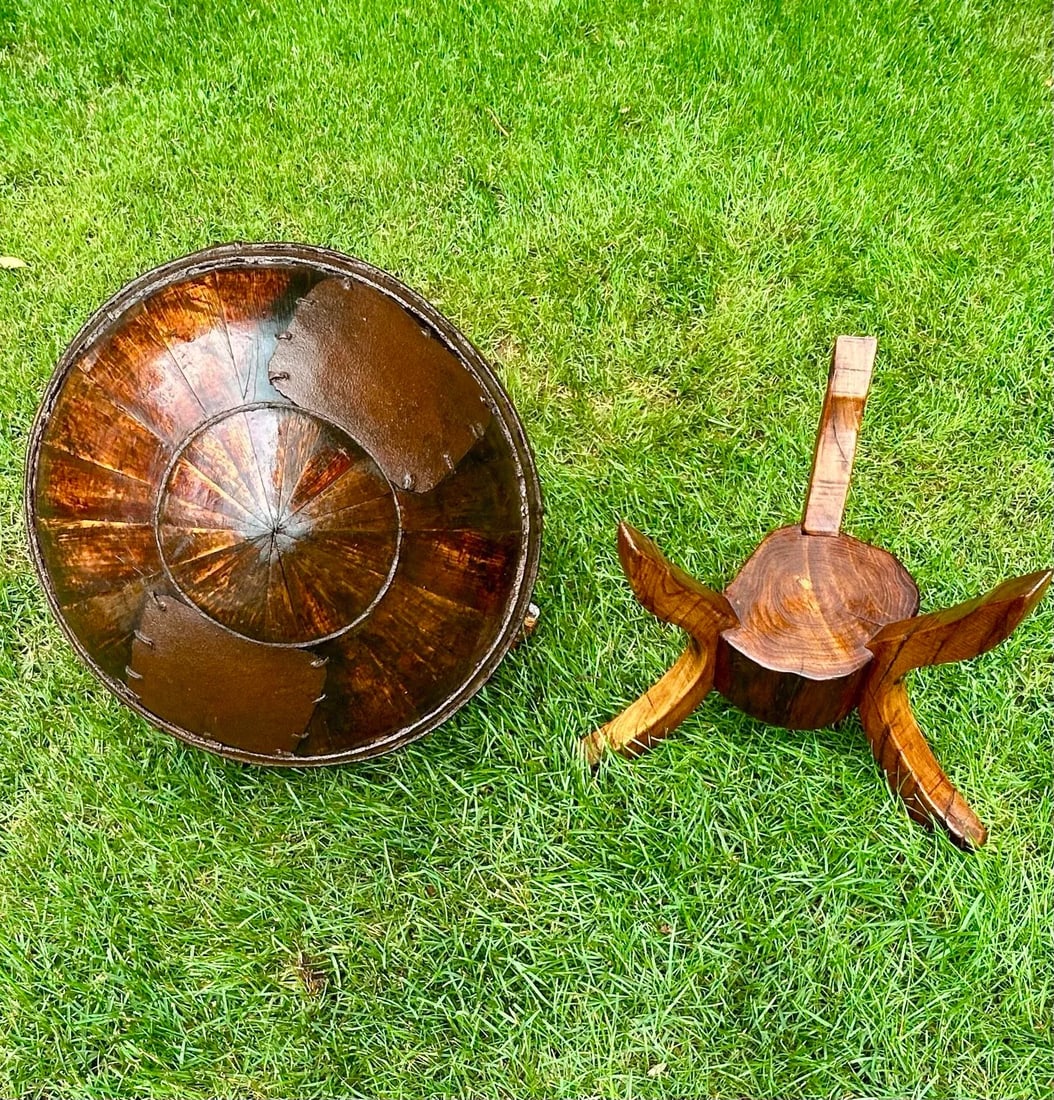 Circa 1800s Antique Chinese Water/Well Bucket With Stand, Hand-Hewn Fruitwood and Original Iron Hard - 5