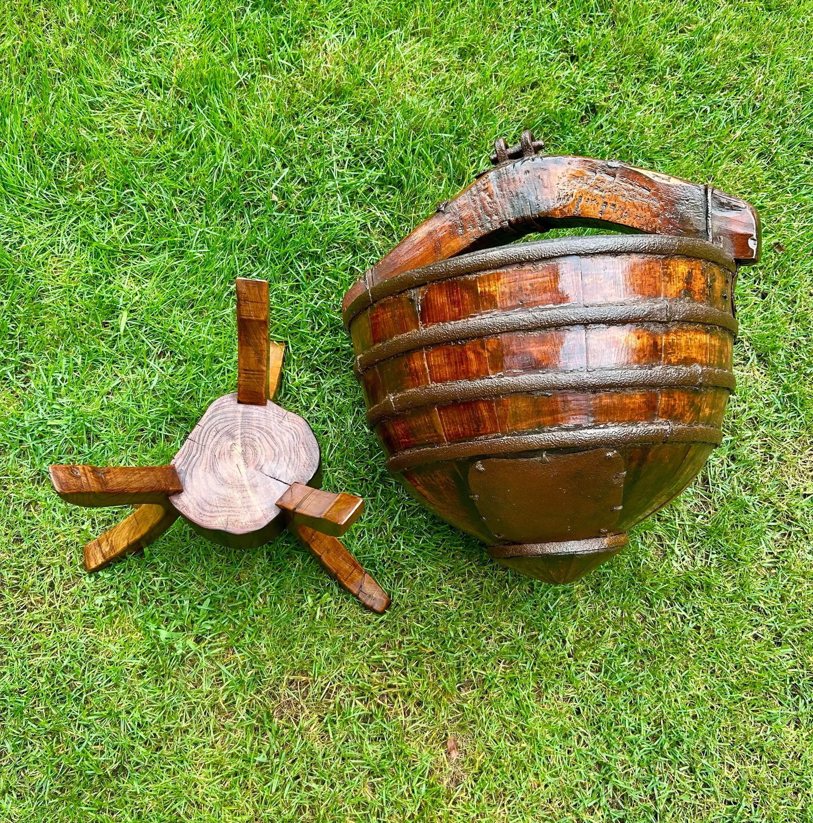 Circa 1800s Antique Chinese Water/Well Bucket With Stand, Hand-Hewn Fruitwood and Original Iron Hard - 6