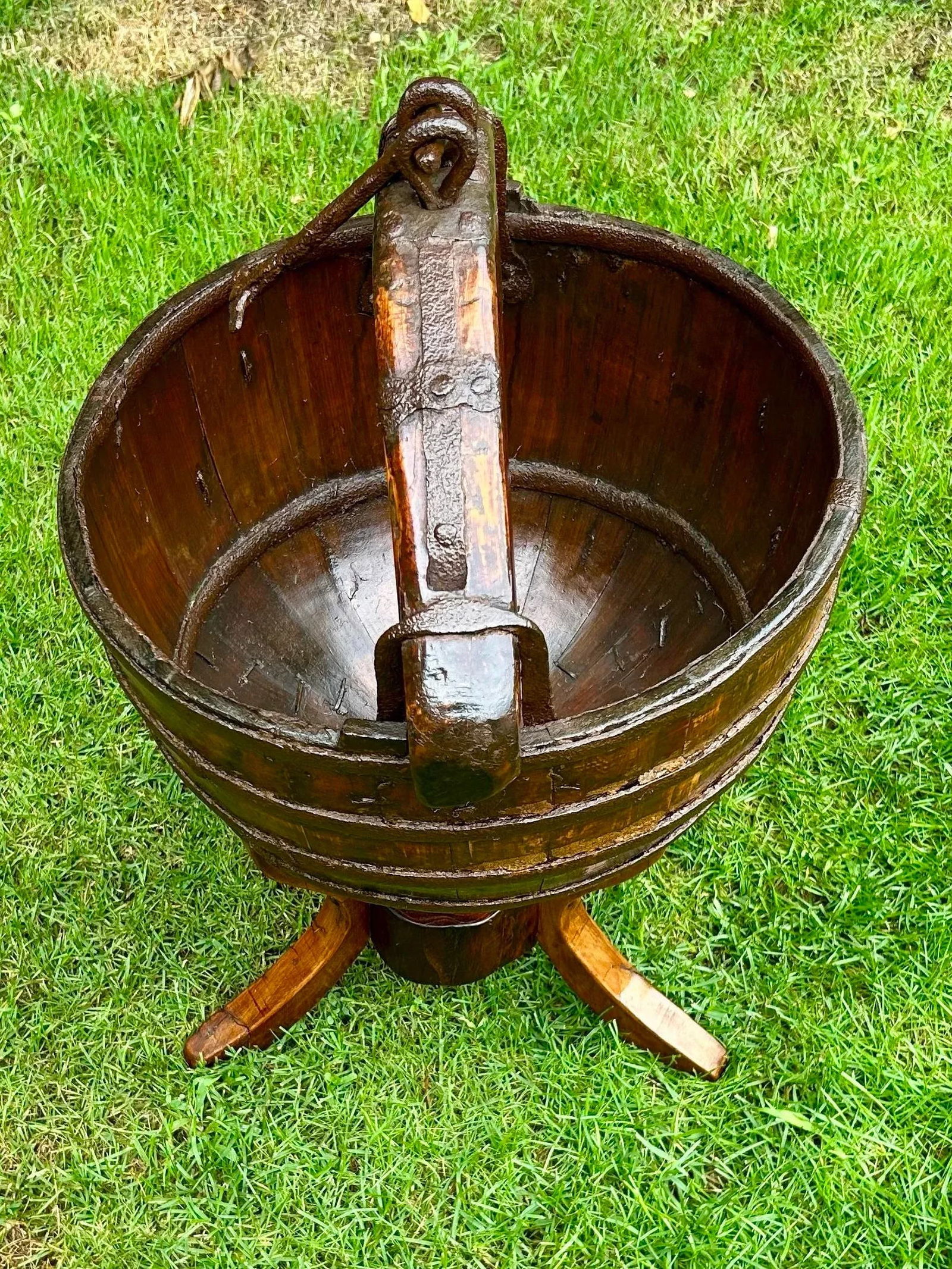 Circa 1800s Antique Chinese Water/Well Bucket With Stand, Hand-Hewn Fruitwood and Original Iron Hard - 7