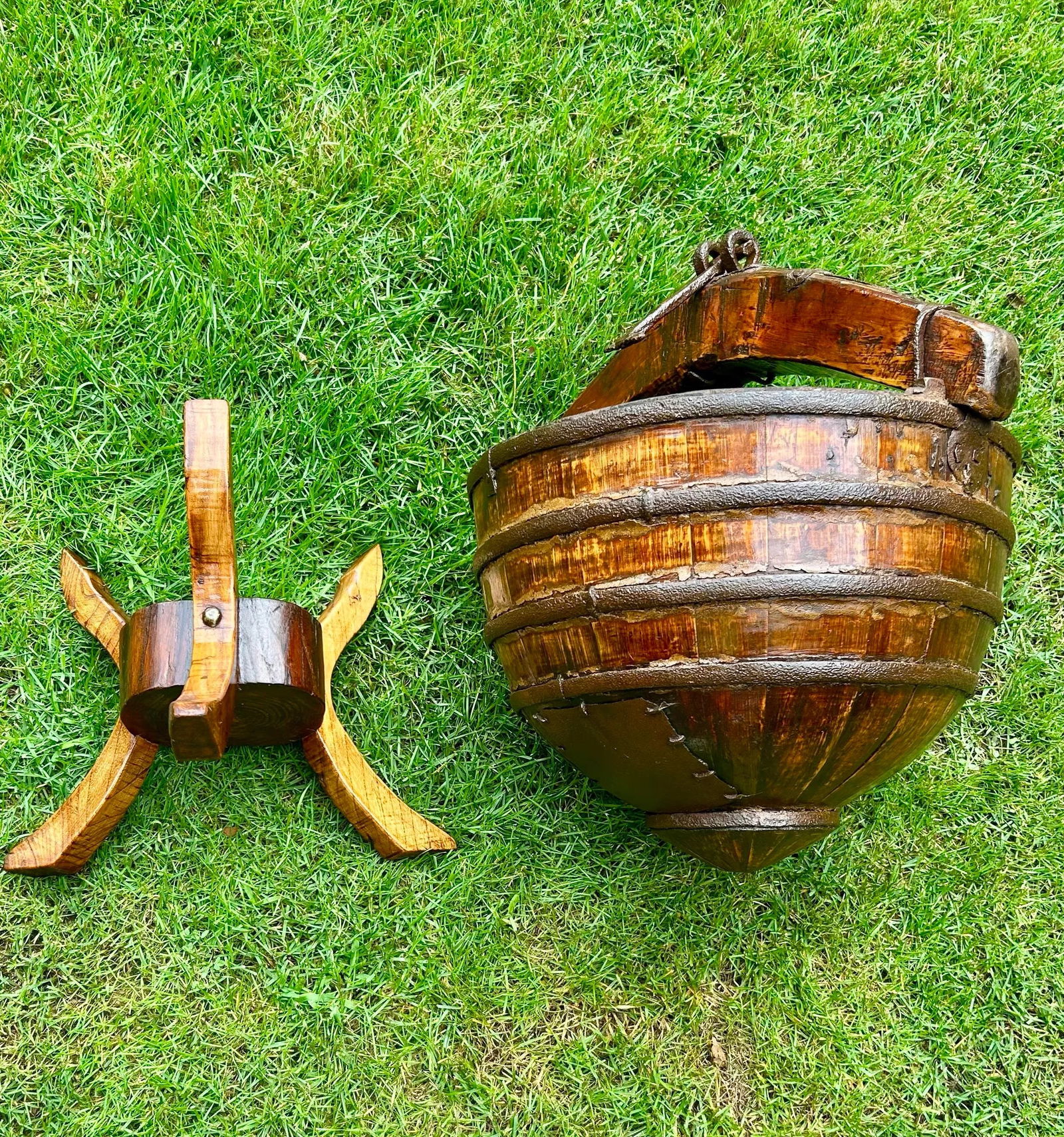 Circa 1800s Antique Chinese Water/Well Bucket With Stand, Hand-Hewn Fruitwood and Original Iron Hard - 8