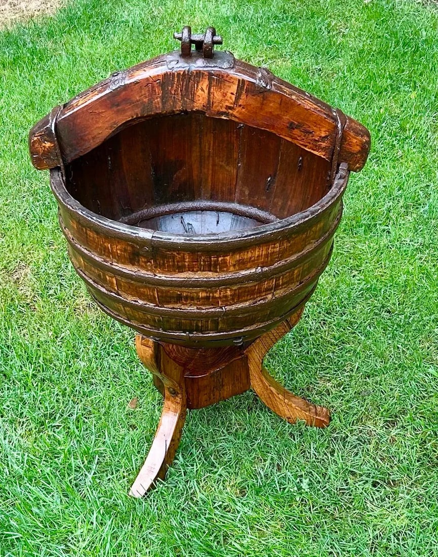 Circa 1800s Antique Chinese Water/Well Bucket With Stand, Hand-Hewn Fruitwood and Original Iron Hard - 9
