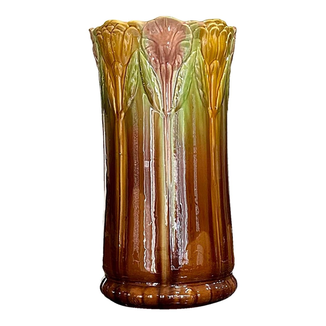 Umbrella Stand in the Style of Weller's Bedford Pattern, Early 1900's, Floral Design, Art Nouvea: This unsigned, Weller attributed umbrella stand is a wonderful example of Art Nouveau style"”functional and yet, with its blended Majolica glaze and the Bedford Pattern"”refreshingly