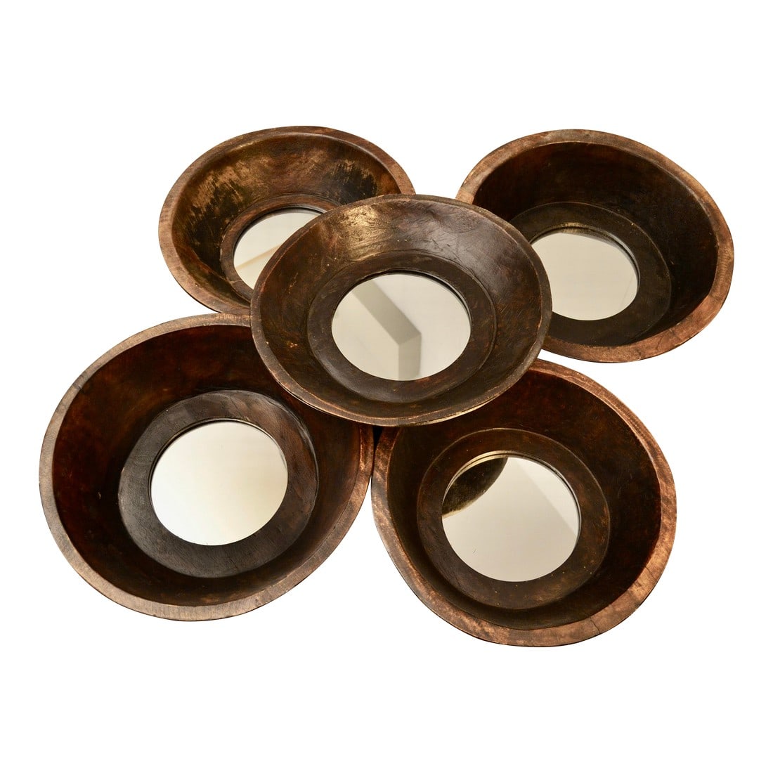 Mid 20th Century Primitive Style Wood Bowl Mirrors - Set of 5: Lovely set of 5, handmade primitive style dough bowls that have been converted to mirrors. Include hook for wall hanging. In good condition with a rich finish. 17 1/4" x 5" (Largest Bowl) 