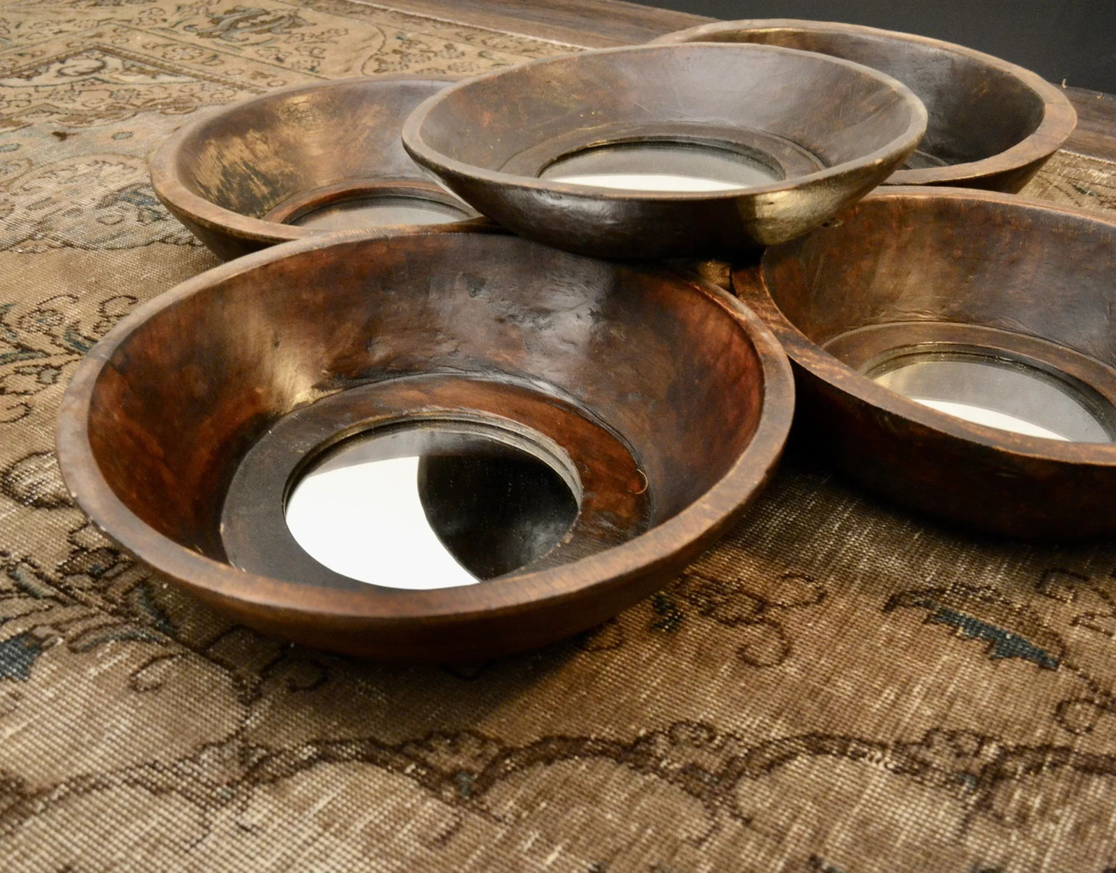 Mid 20th Century Primitive Style Wood Bowl Mirrors - Set of 5 - 2