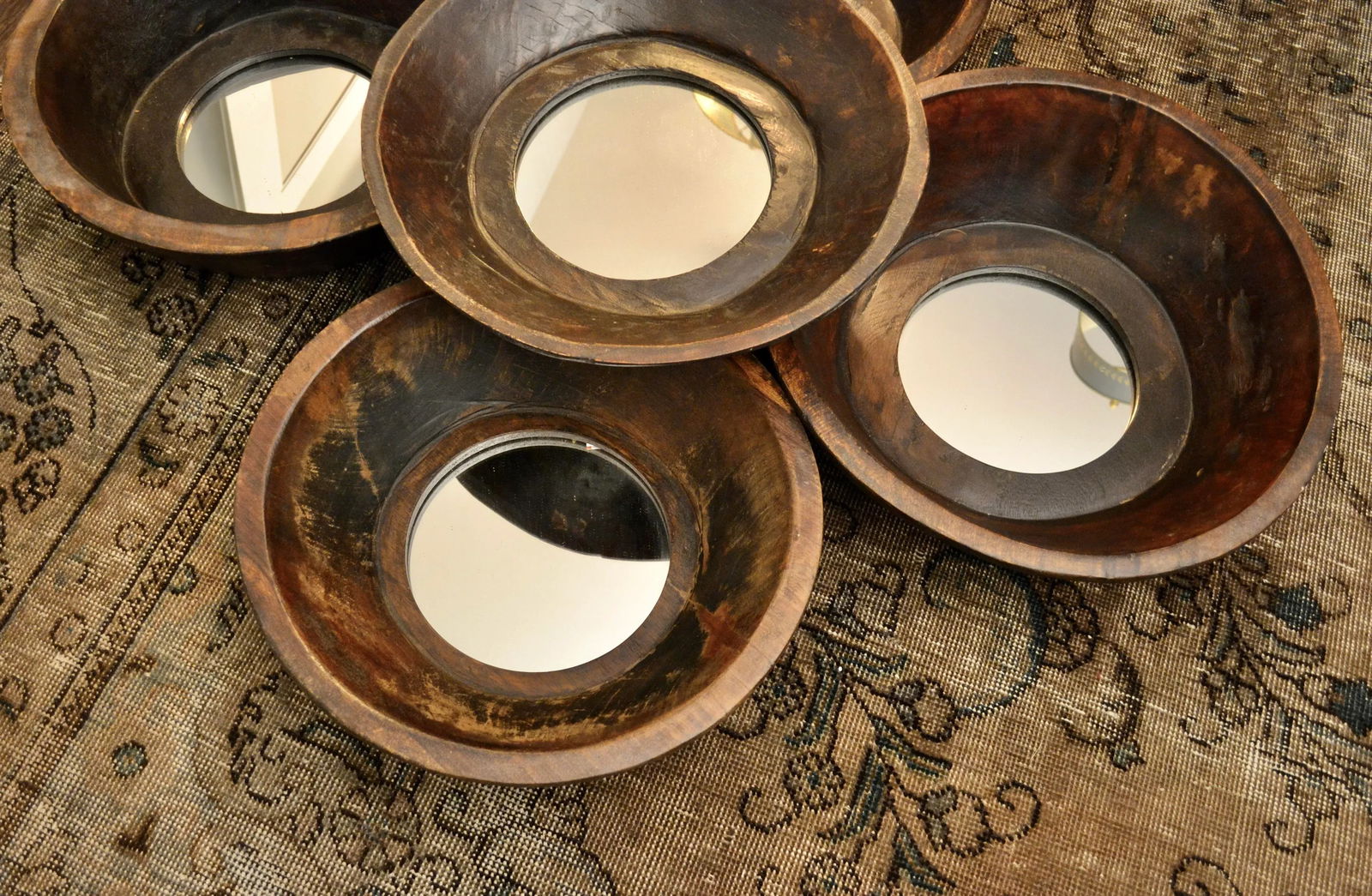 Mid 20th Century Primitive Style Wood Bowl Mirrors - Set of 5 - 3