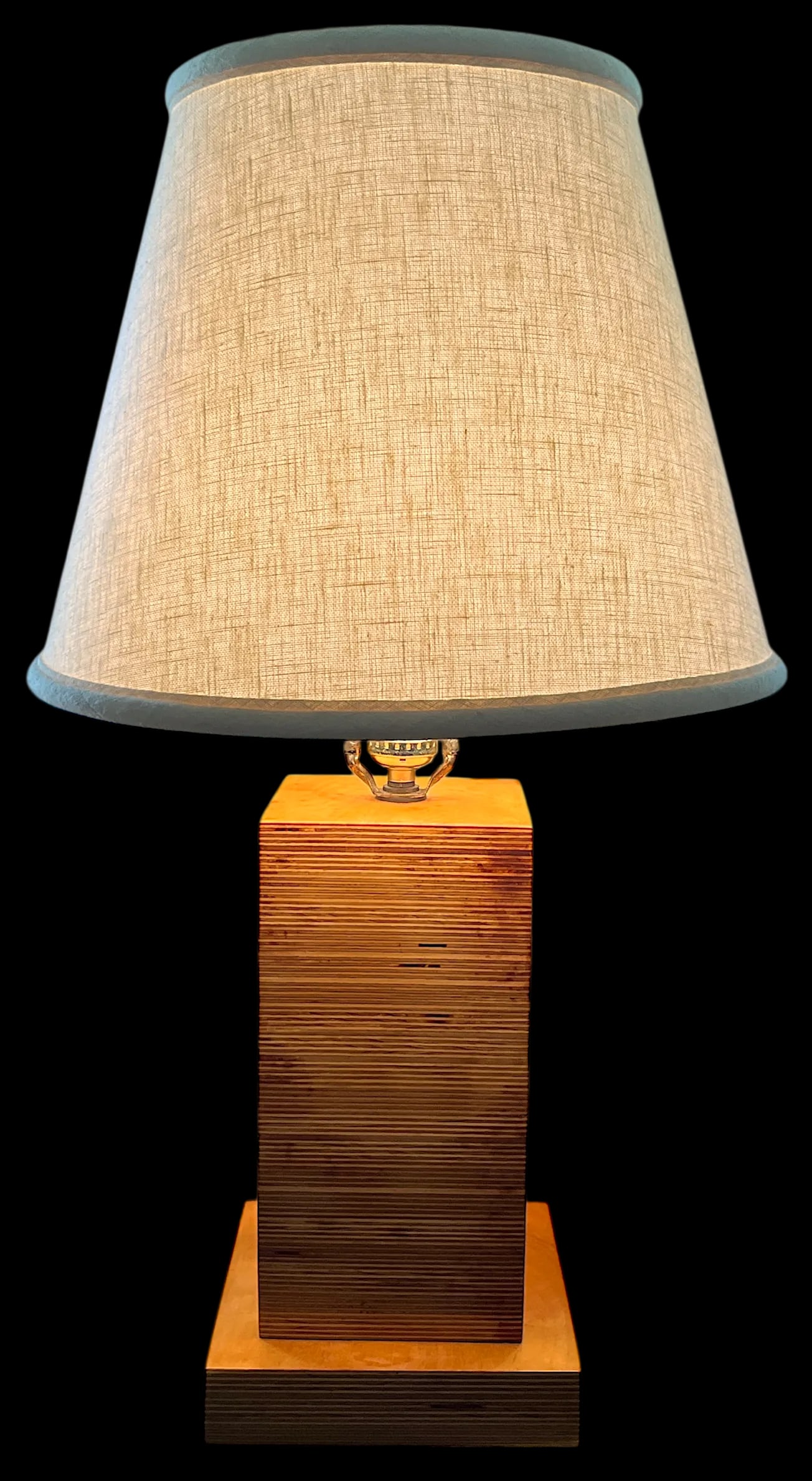 1970s Craftsman-Made Stacked and Laminated Plywood Table Lamp With Linen Shade - 2