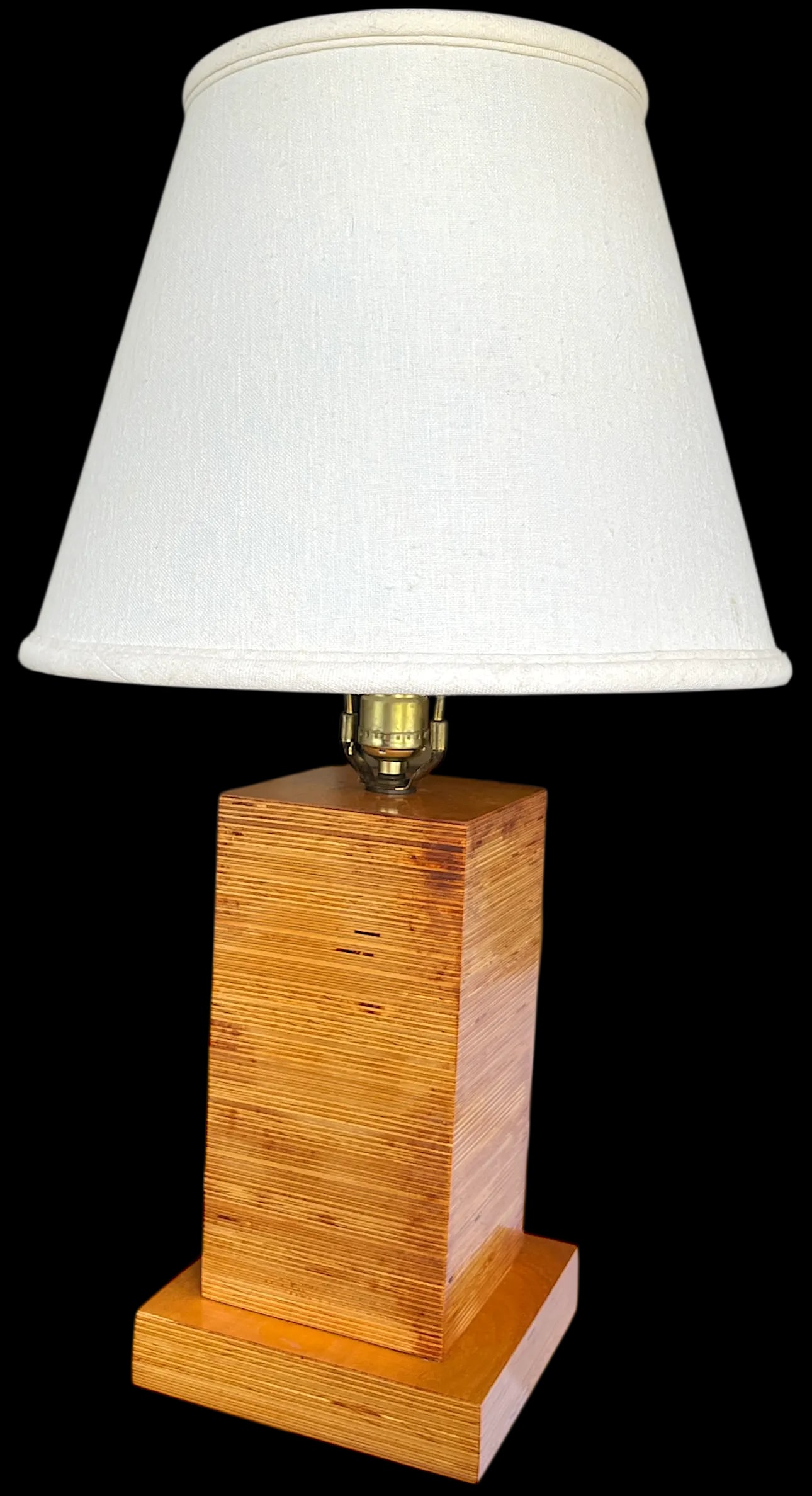 1970s Craftsman-Made Stacked and Laminated Plywood Table Lamp With Linen Shade - 3