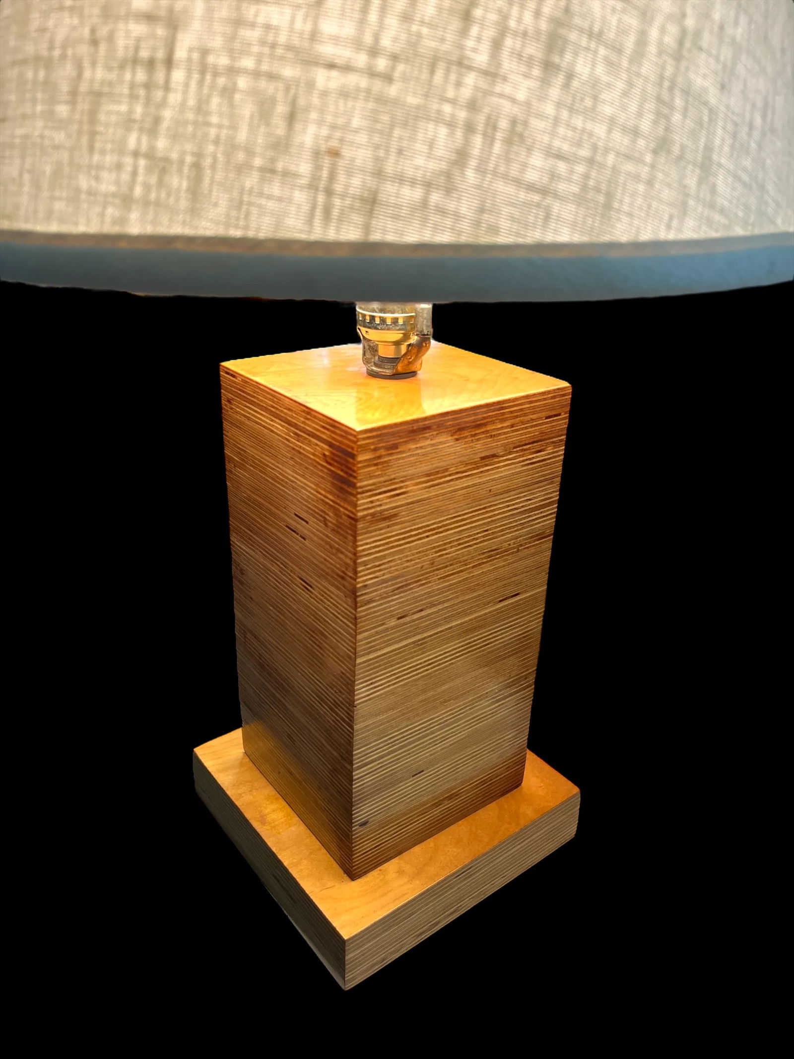 1970s Craftsman-Made Stacked and Laminated Plywood Table Lamp With Linen Shade - 6