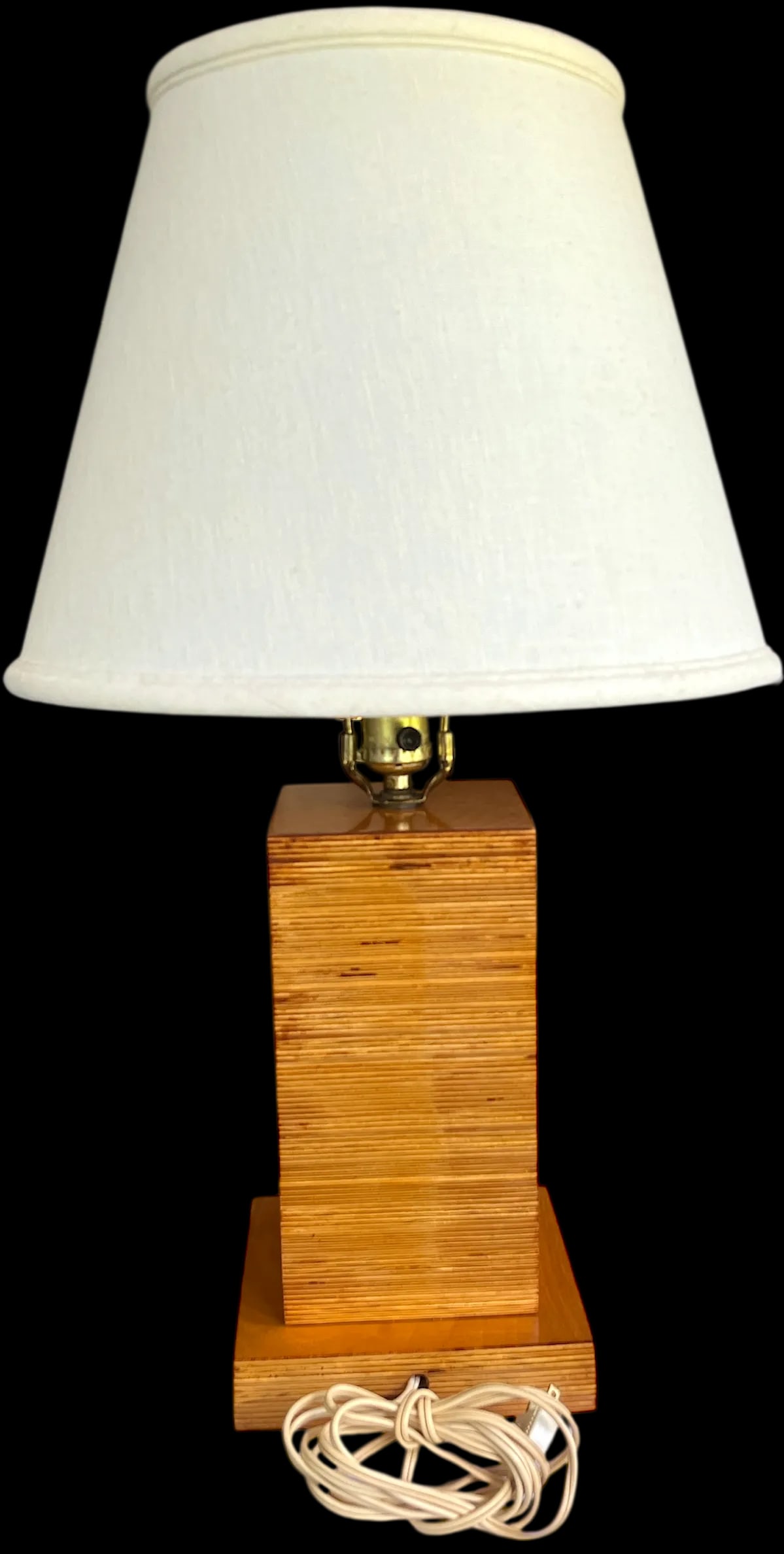 1970s Craftsman-Made Stacked and Laminated Plywood Table Lamp With Linen Shade - 7
