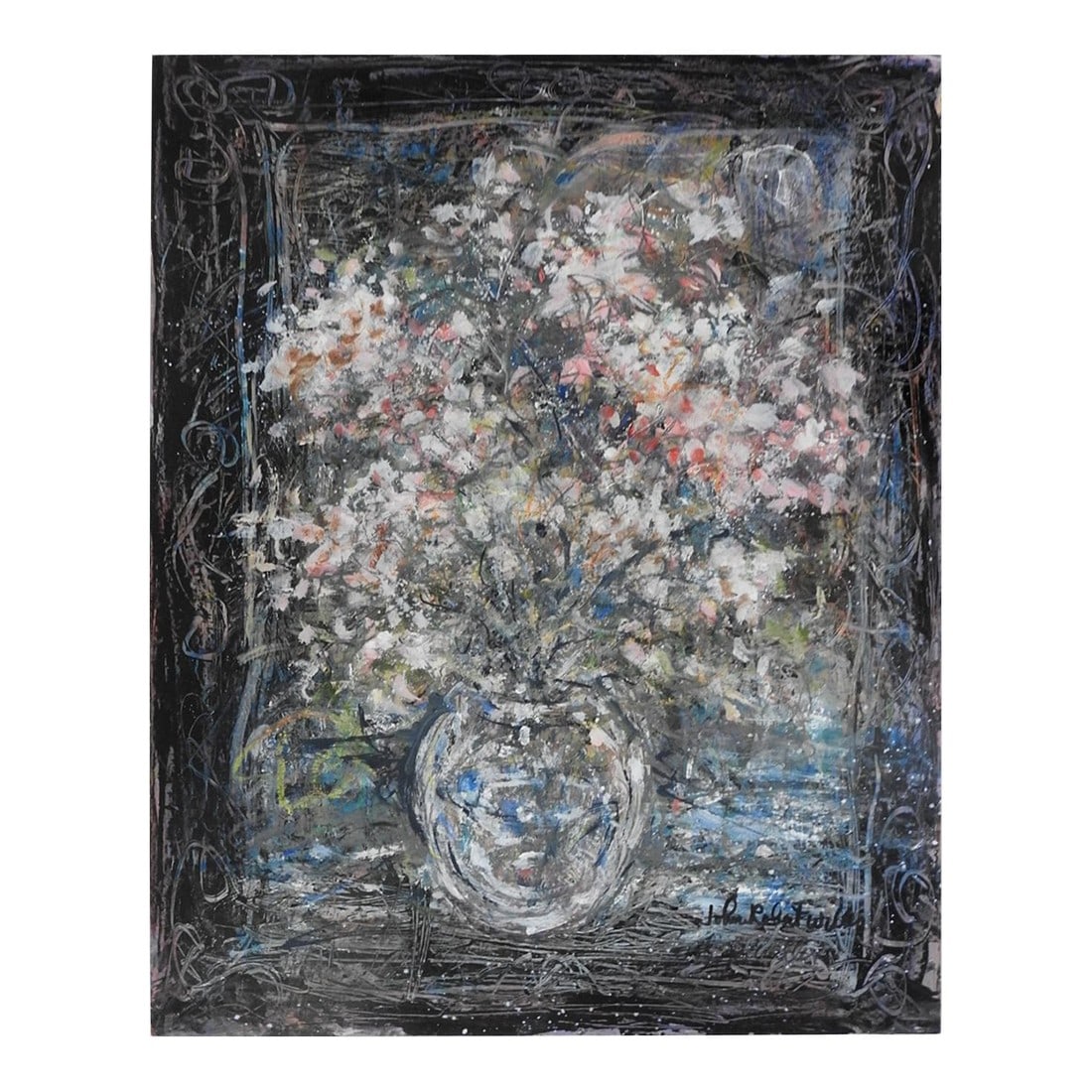 Late 20th Century Impressionist Pink Floral Still Life Painting: Late 20th century oil on artist board impressionist pale pink floral still life painting of by John Robert Willer (b. 1946) New York, Arkansas. Signed lower right corner. Unframed, edge wear. 