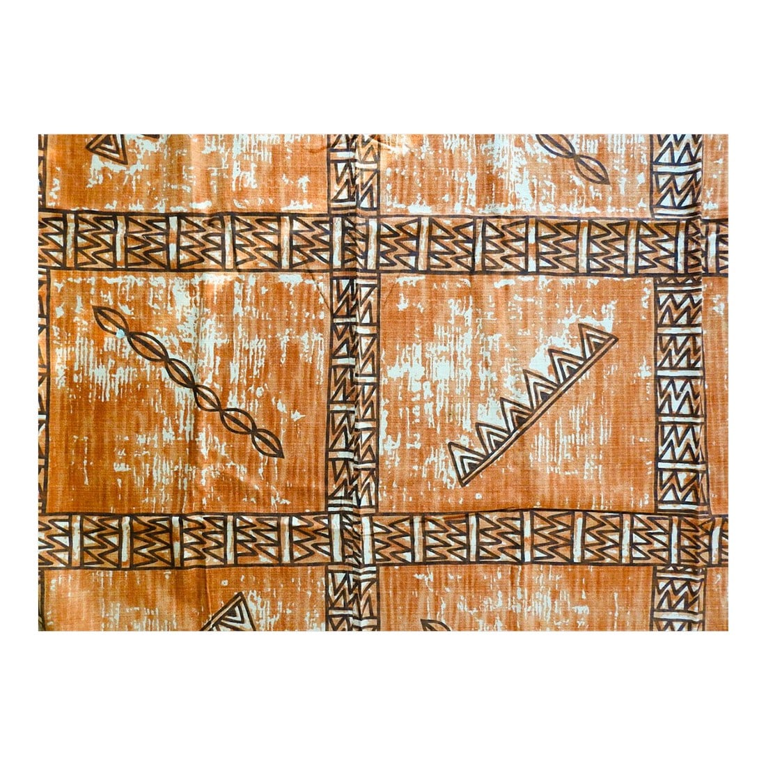 Mid 20th Century Gordon Hawaiian Tiki Tapa Print Fabric 2+ Yards: Mid 20th century terracotta and brown textured cotton tiki style block print fabric by Gordon Hawaiian Fabrics. Printed to resemble tapa cloth, light drapery weight with soft hand, this is 2 lengths