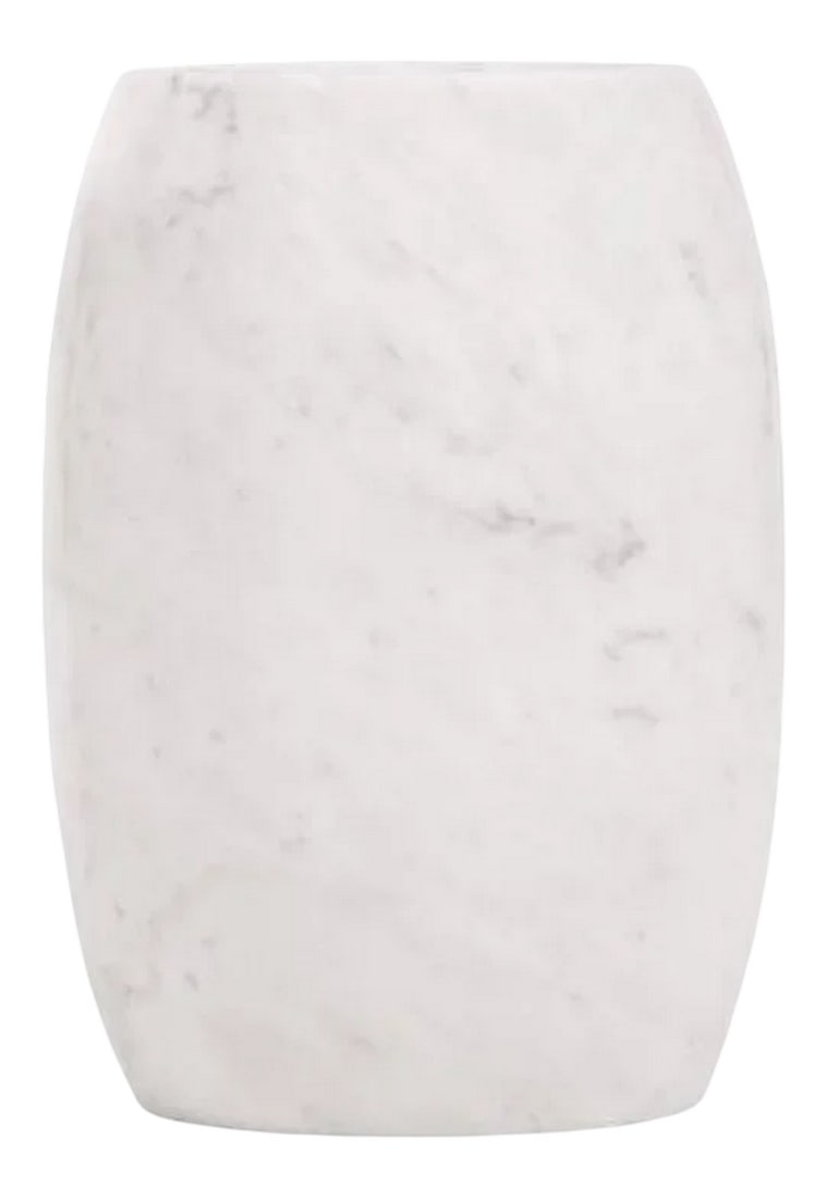 Marble End Table in the Style of Lucia Mercer: Barrel shaped solid marble stump table. Condition: Alterations: Unknown Imperfections: Some Imperfections Condition Notes: Excellent Dimensions: Height: 14 in. Width: 9.75 in. Depth: 9.75 in. 