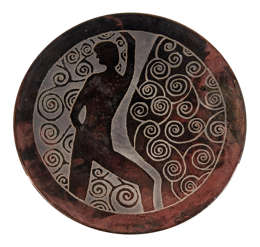 Clyde Burt Ceramic Charger: Clyde Burt ceramic charger in glazed stoneware with incised image. Signature to underside: [CB]. American, circa 1965 Condition: Alterations: Unknown Imperfections: Some Imperfections Condition Notes: