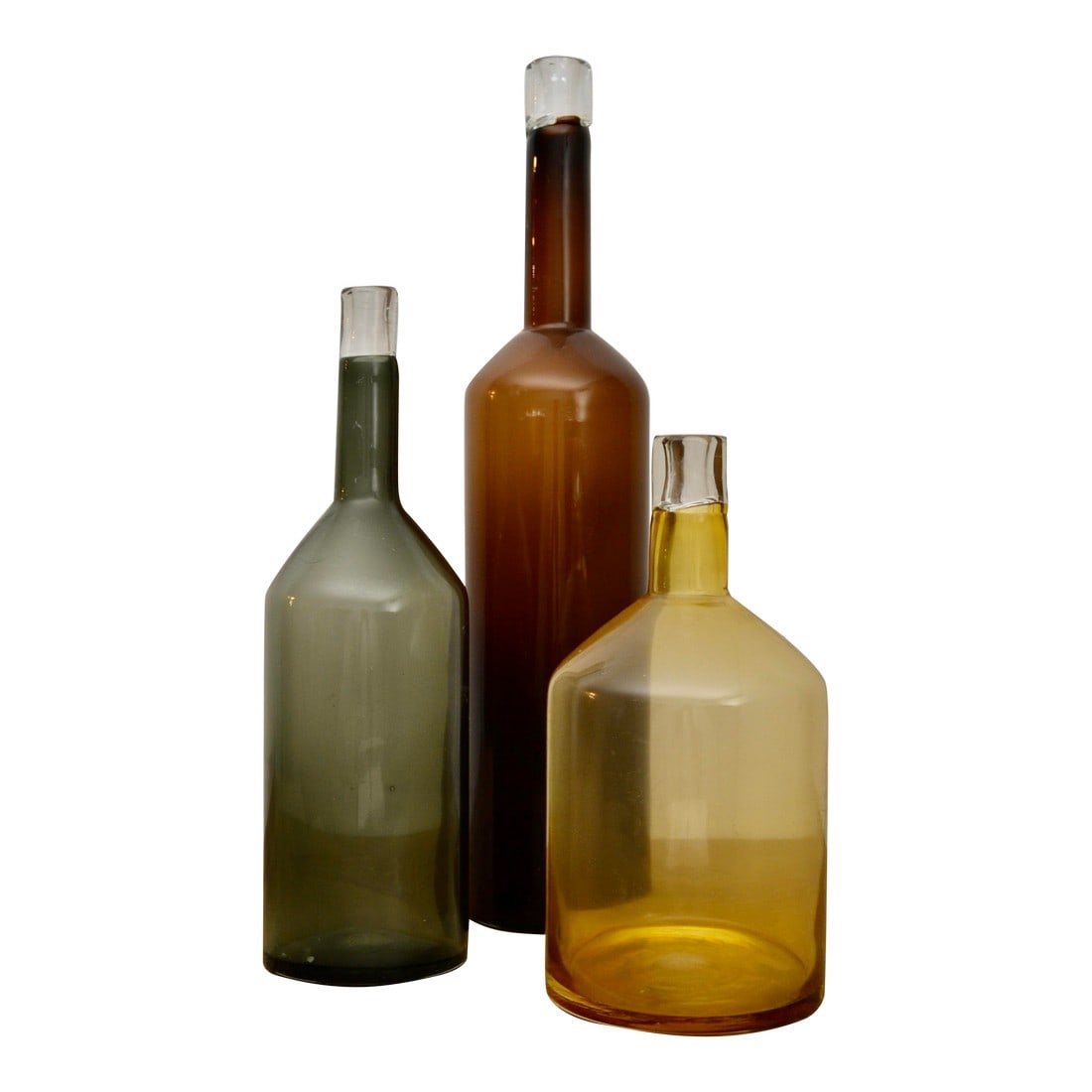 Late 20th Century Decorative Tinted Glass Display Bottles: Set of 3 large scale vintage display vases or bottles in tinted glass colors of brown, gray, and yellow. Nice decorative accents for floor or otherwise. 5 1/2" x 25 1/4" (Largest) - 7 1/4" x 14" 