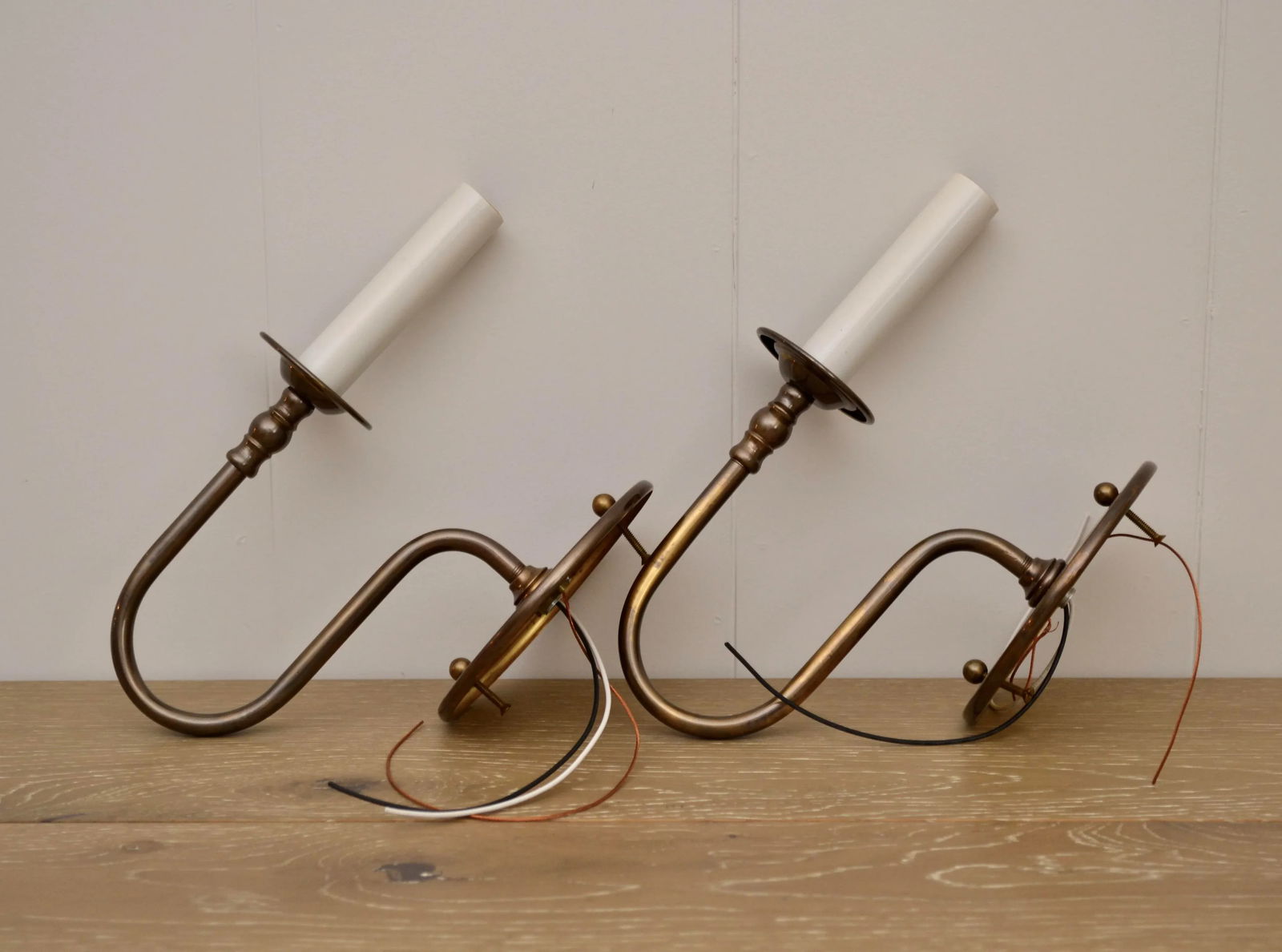 Custom Brass Curved Arm Electrified Candelabra Sconces - A Pair - 2