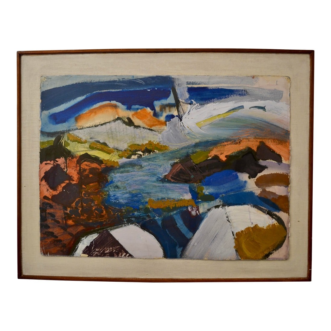 Colorful Mid Century Abstract Painting, Framed: Colorful mid century painting titled "Fortunes Rocks Maine #3". Acrylic on canvas floated on reused artist canvas / frame. Canvas and frame show signs of age and use. Canvas 22 1/2" x 30 1/2" / Frame